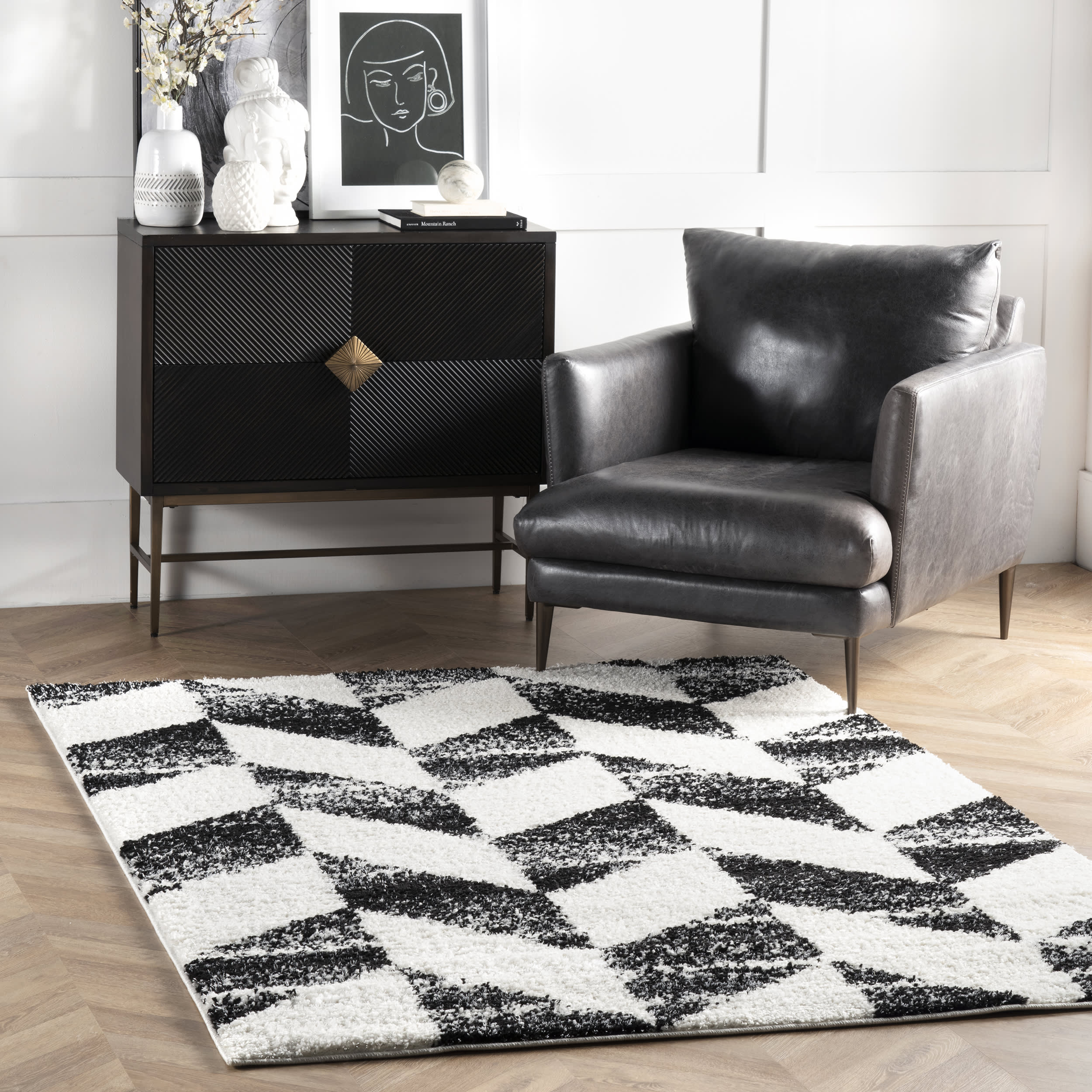 Faded Herringbone Shag Rug | Black And White