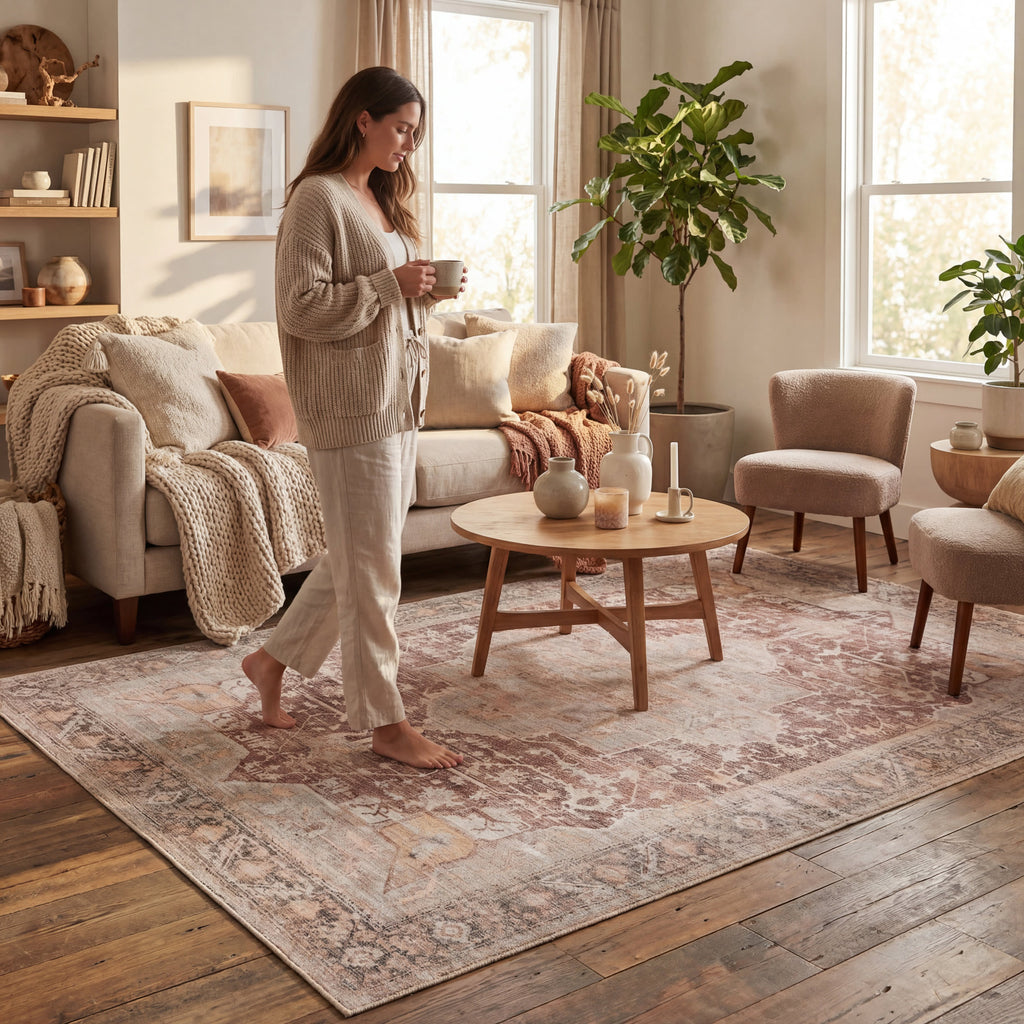 Ava Vintage Persian Spill Proof Washable Rug | Pale Pink