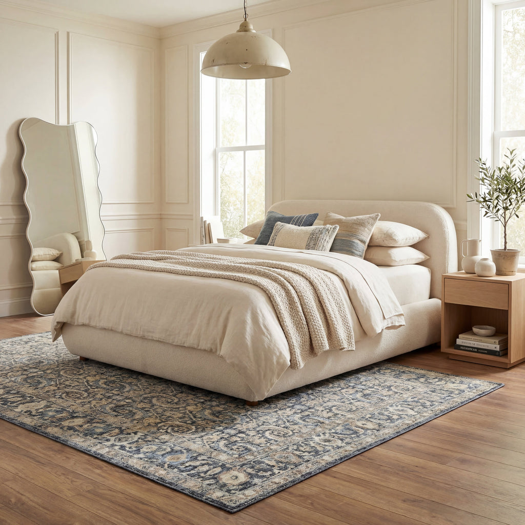 Calvaya Traditional Bordered Washable Rug | Blue