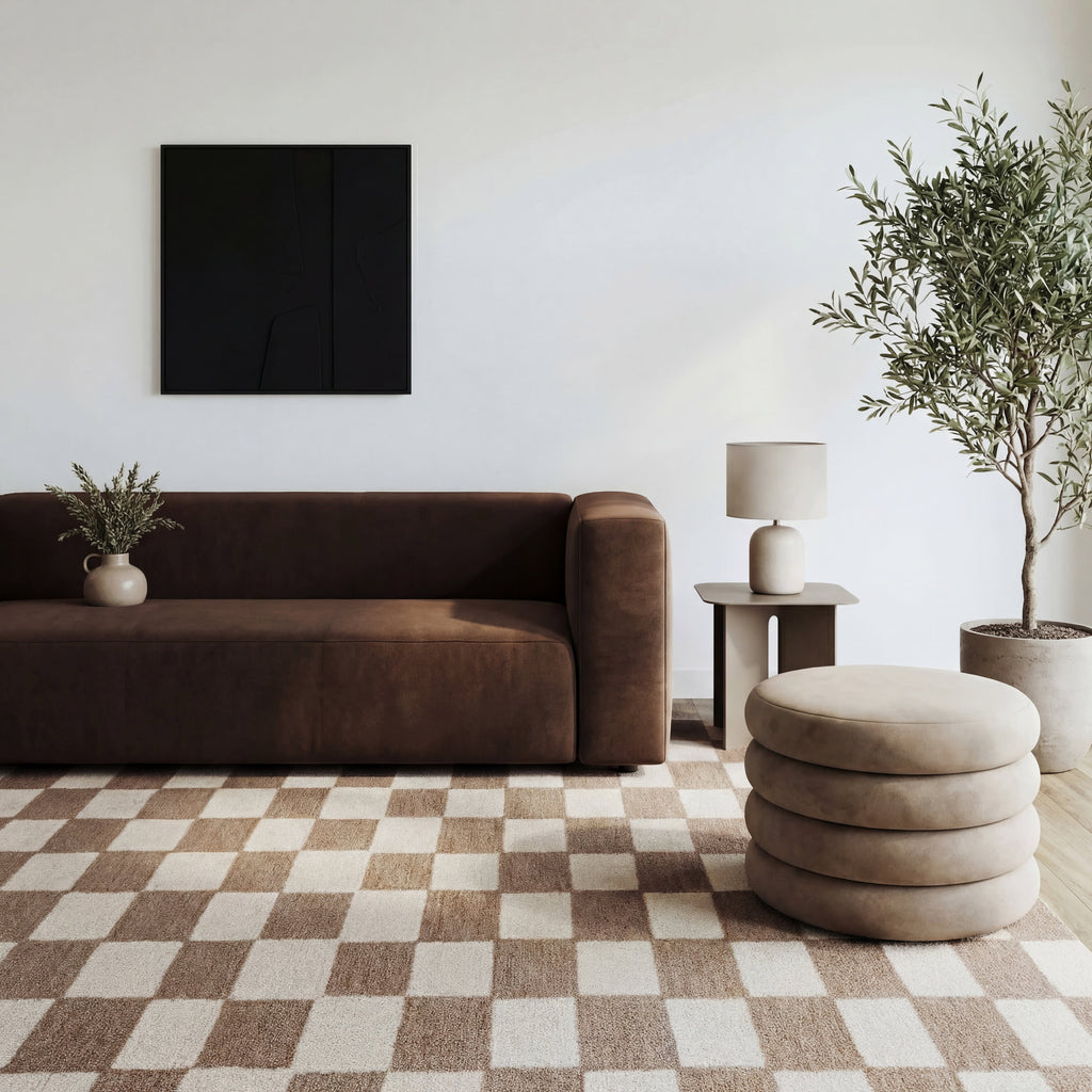 Calina Modern Checkered Indoor Wool Rug | Taupe