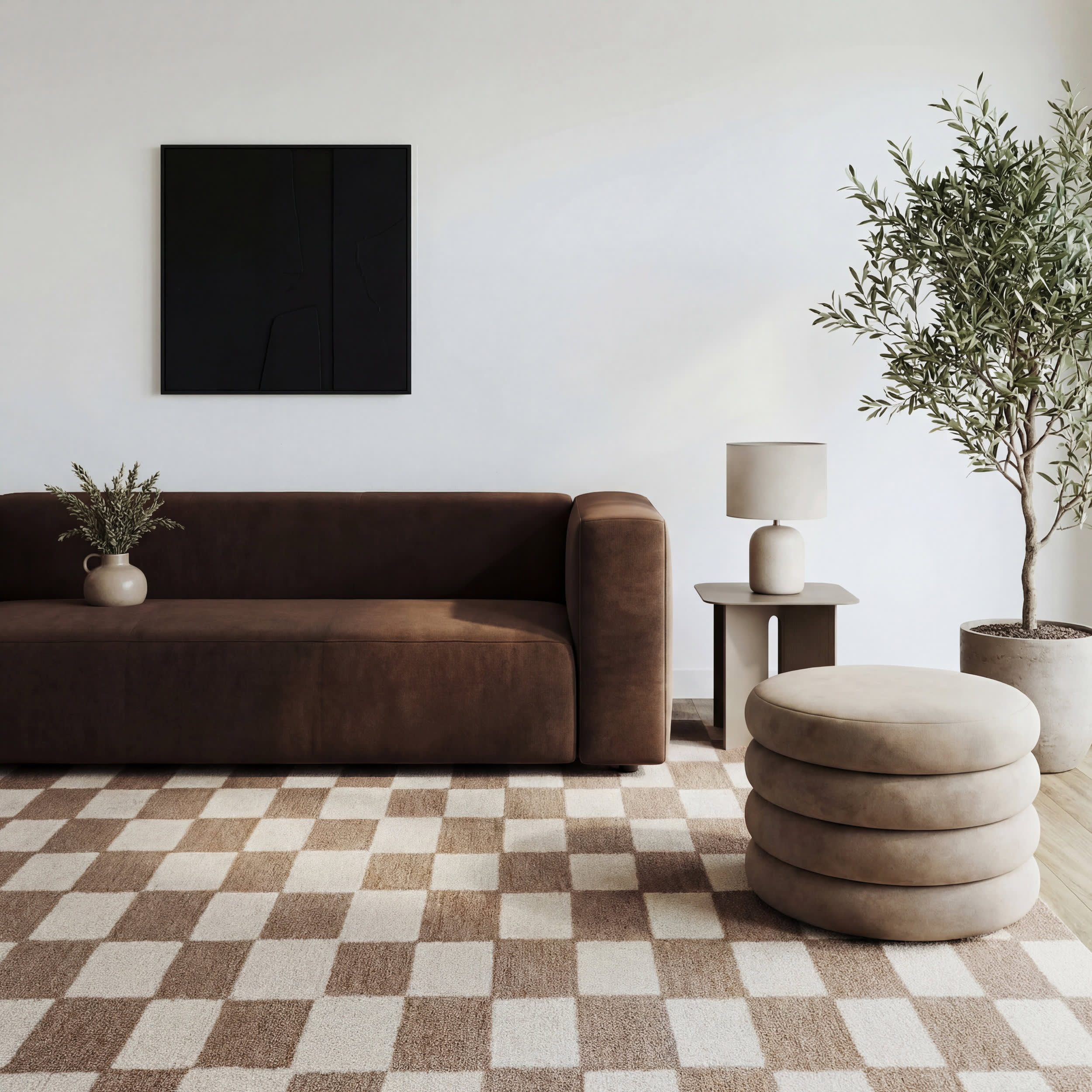 Calina Modern Checkered Indoor Wool Rug | Taupe