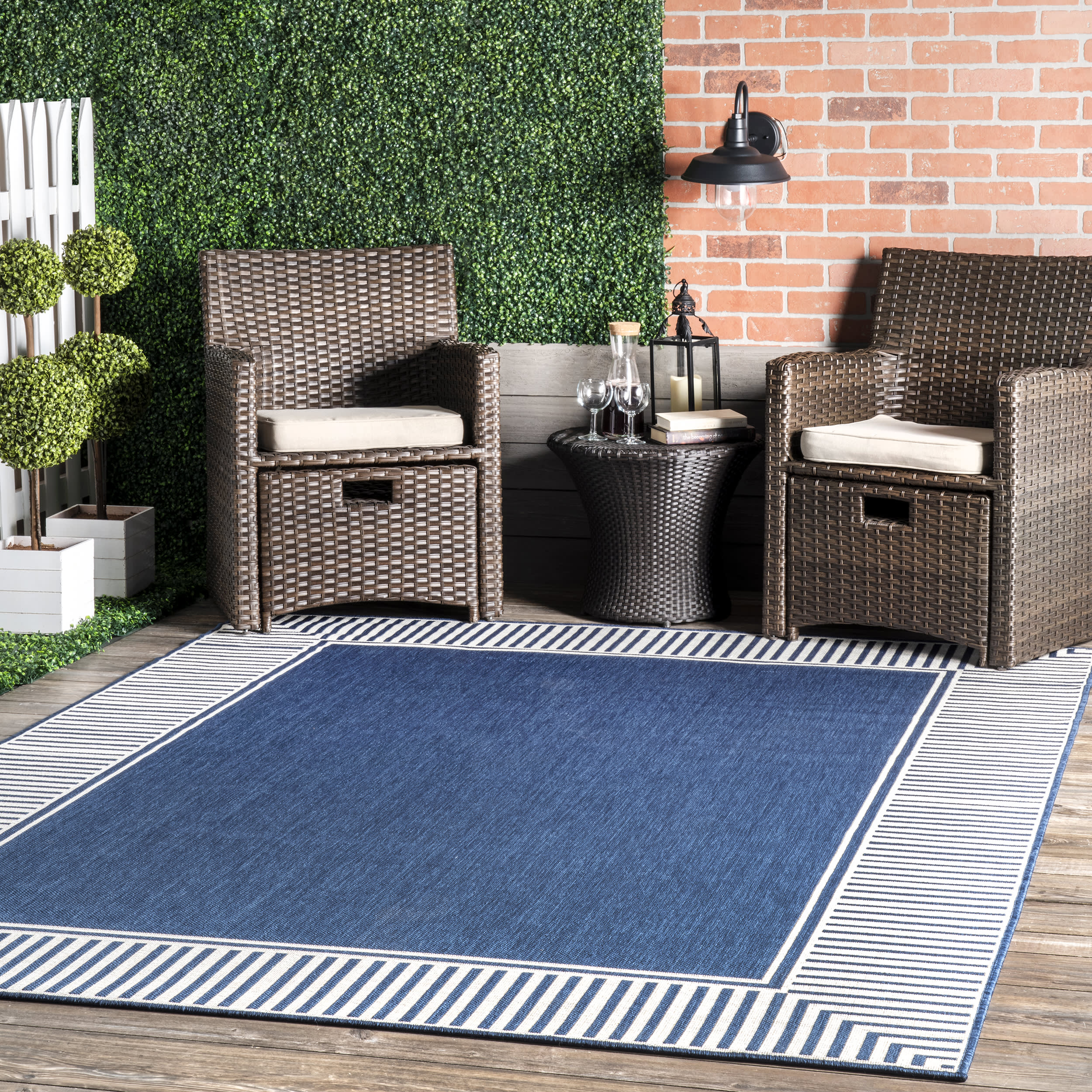 Striped Border Indoor/Outdoor Flatweave Rug | Navy Secondary image