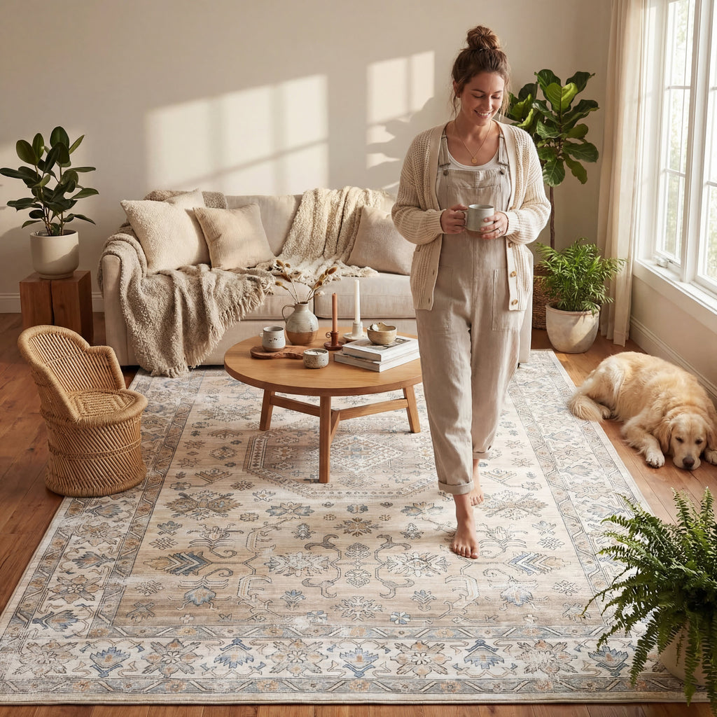 Timeless Charm Spill Proof Washable Rug | Beige