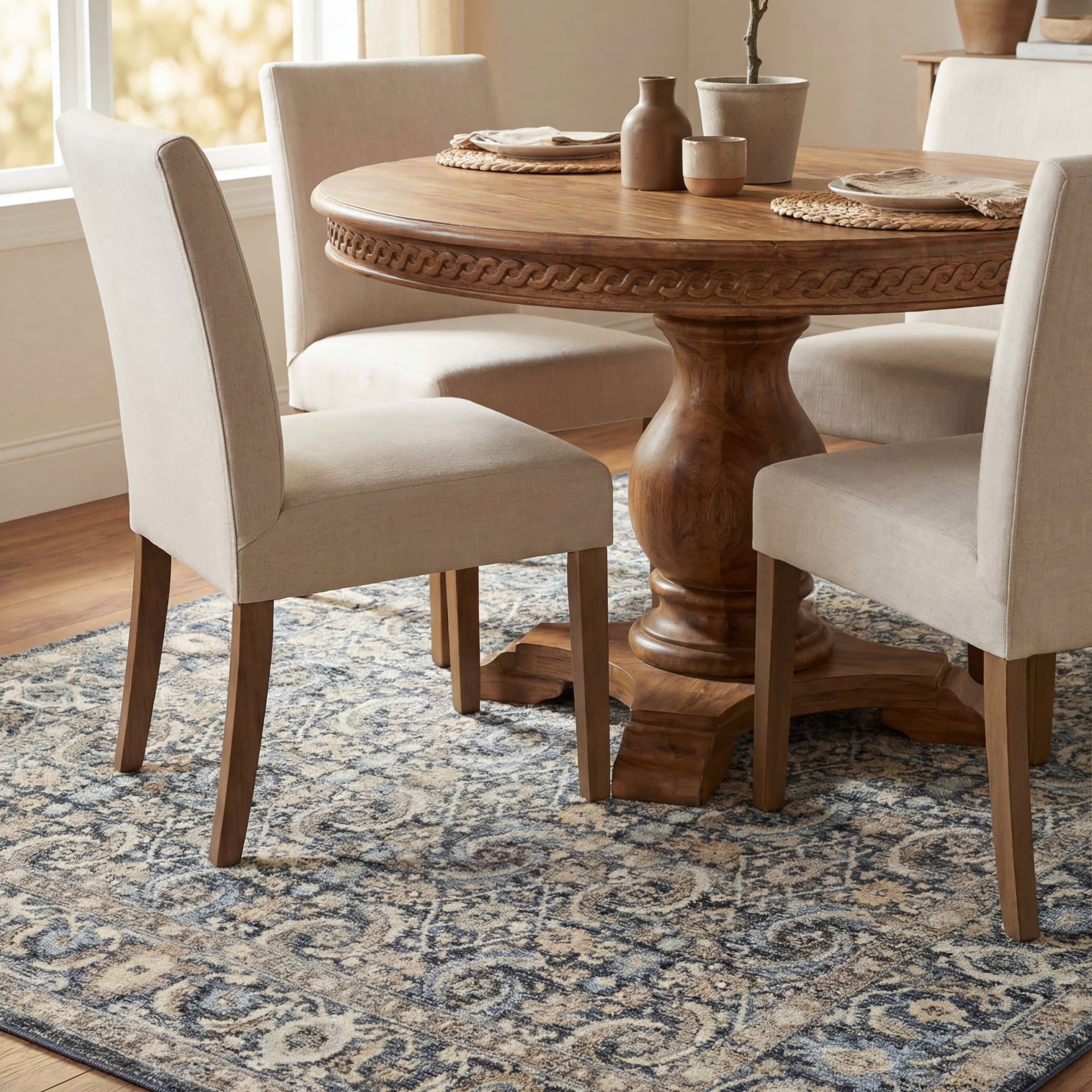 Calvaya Traditional Bordered Washable Rug | Blue