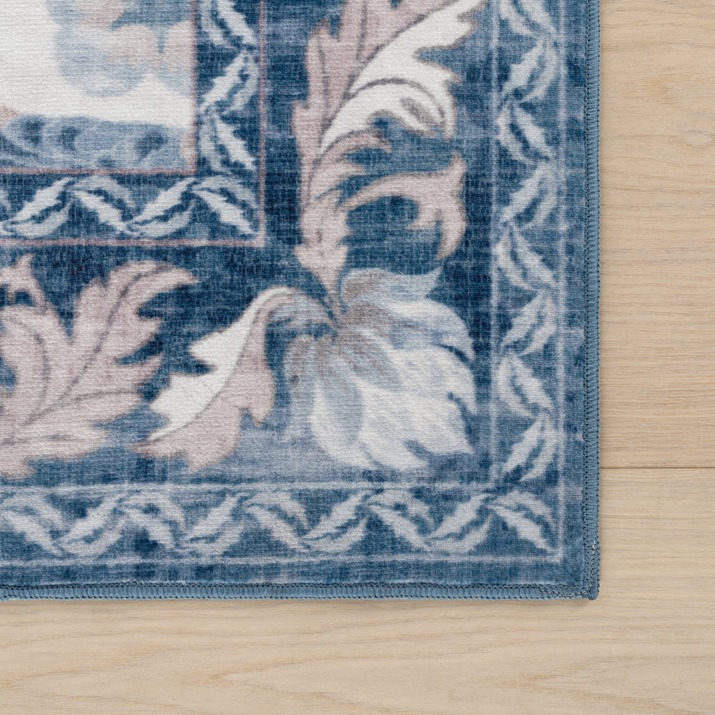 Mauri Bordered Floral and Paisley Washable Rug | Blue