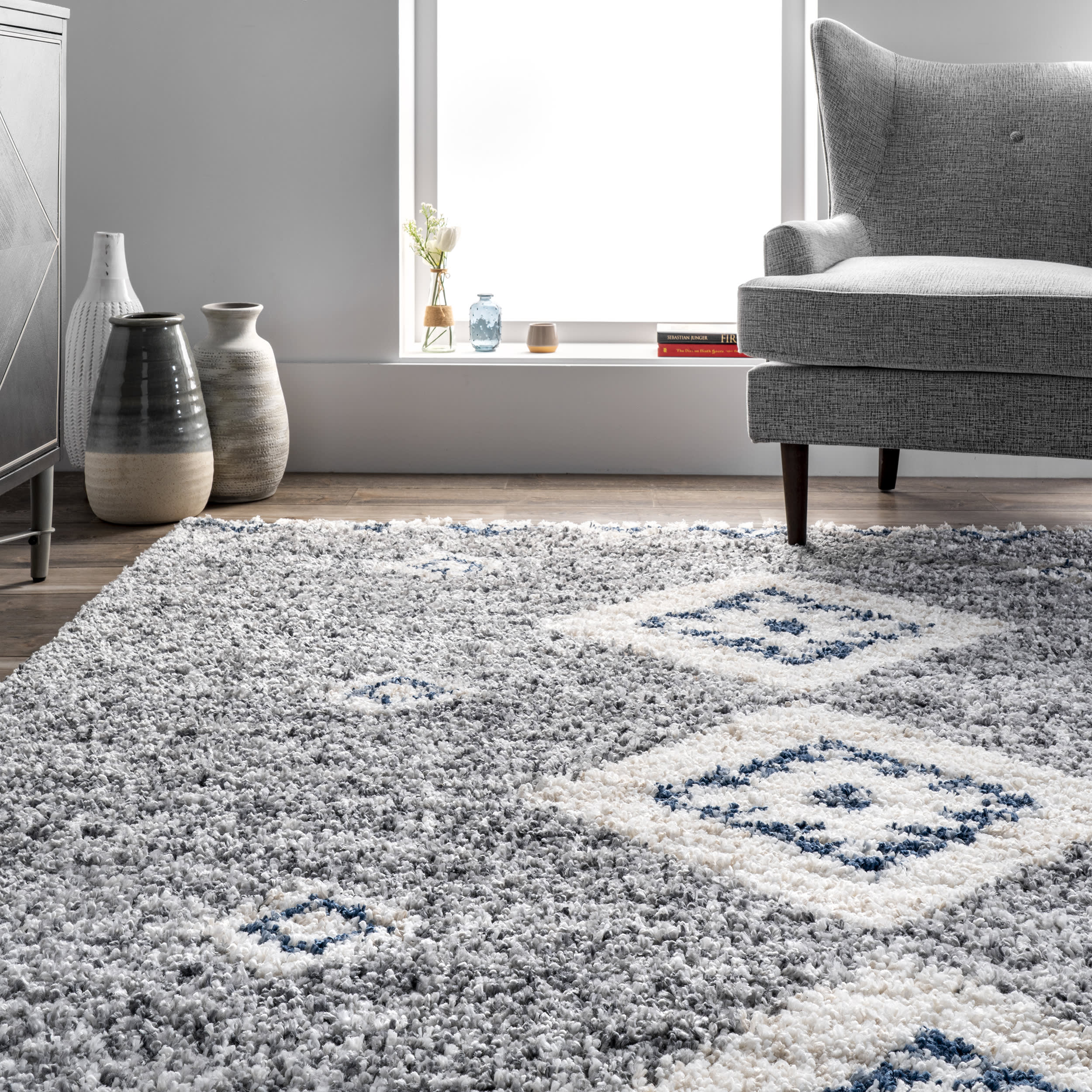 Diamond Totem Shag With Tassels Rug | Grey