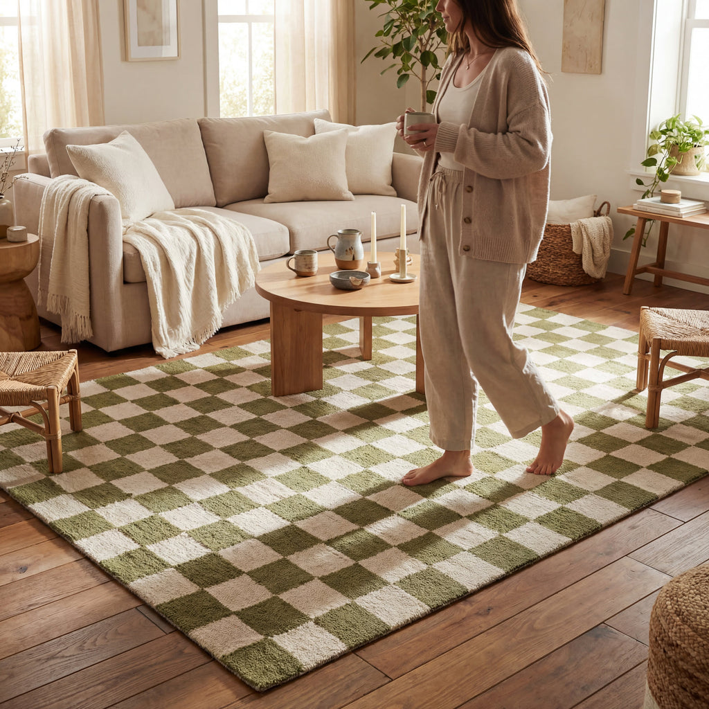 Calina Modern Checkered Indoor Wool Rug | Green
