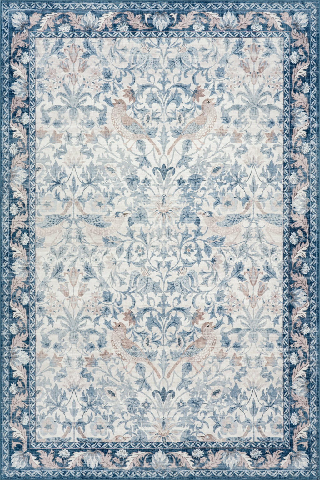 Mauri Bordered Floral and Paisley Washable Rug | Blue