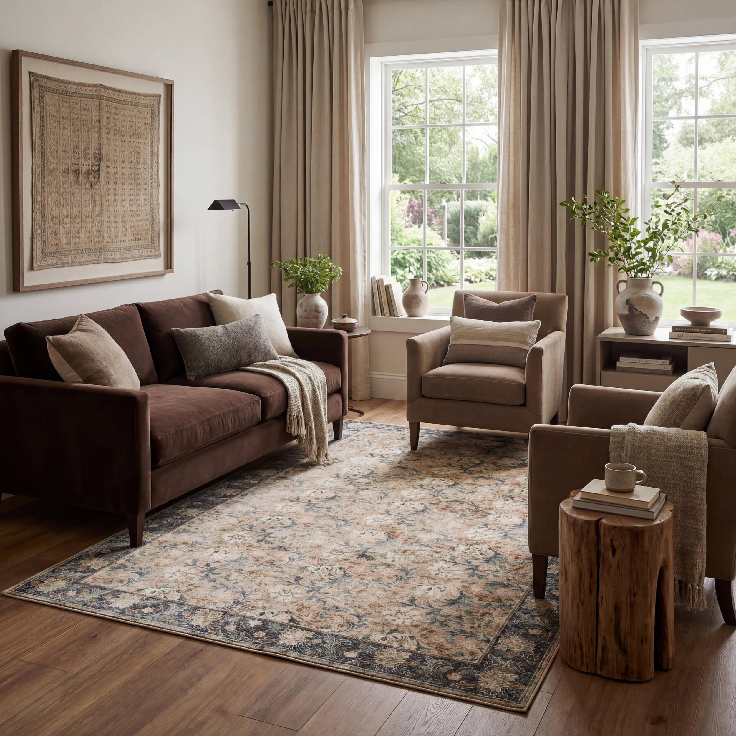 Sinikse Floral and Paisley Washable Rug | Beige