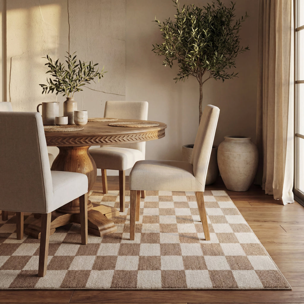 Calina Modern Checkered Indoor Wool Rug | Taupe