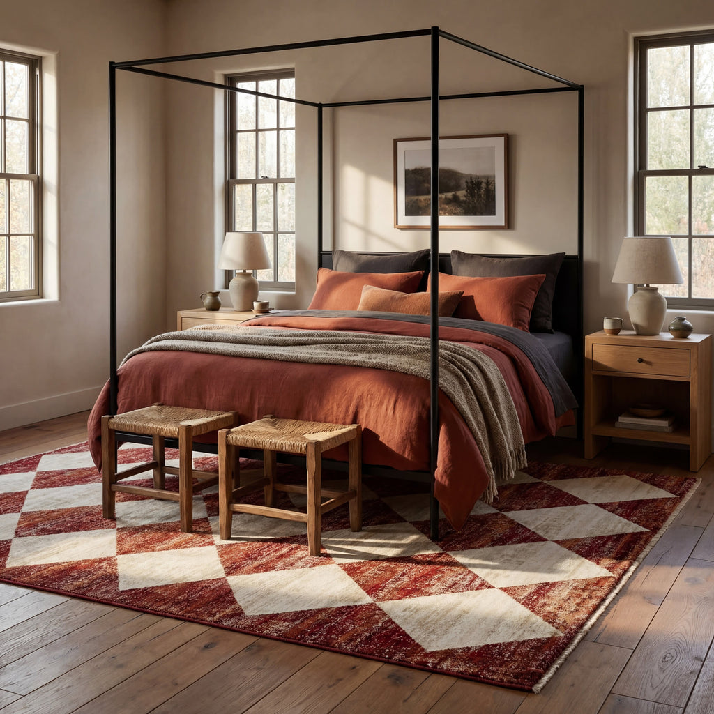 Vanni Checkered Fringed Rug | Red