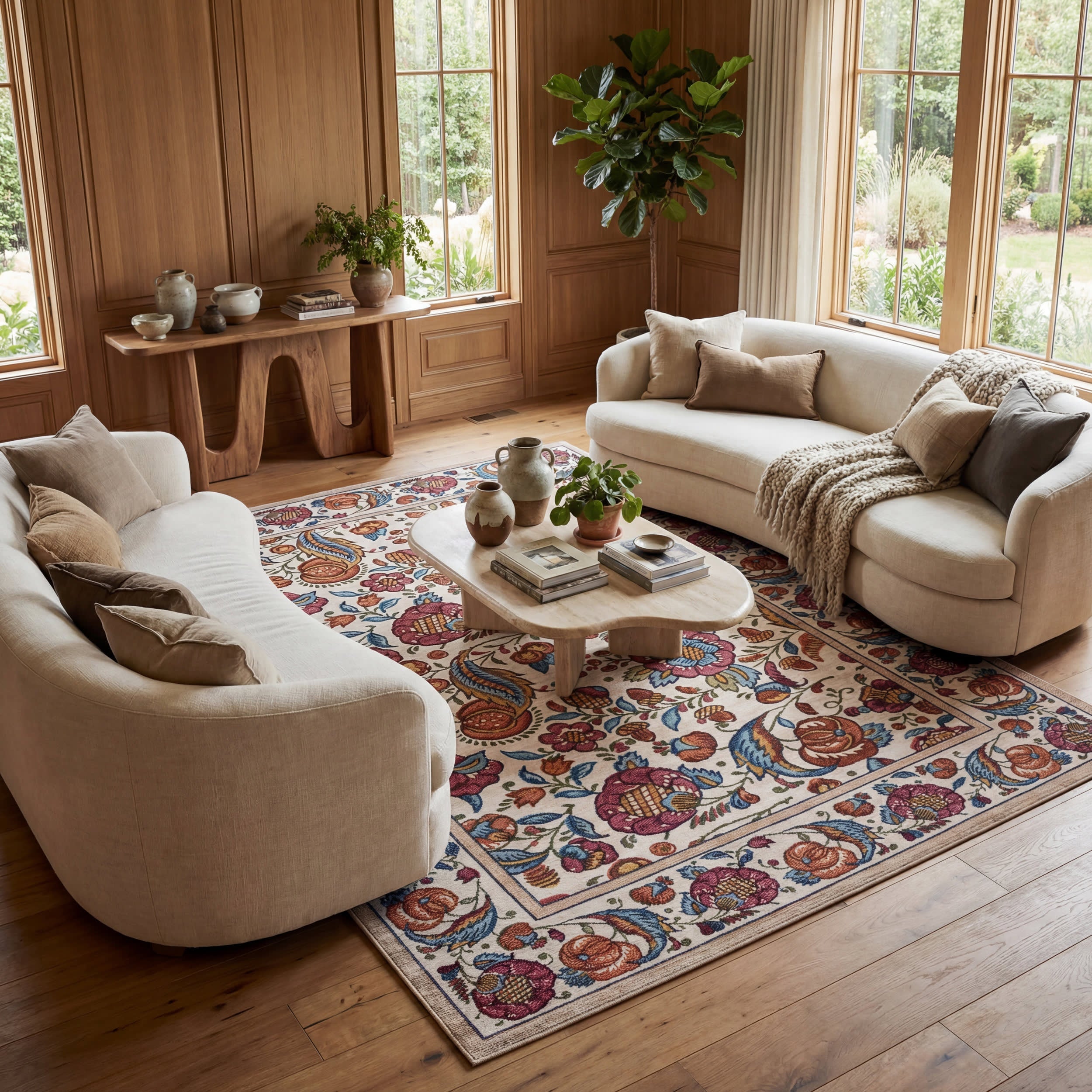 Finice Bordered Floral and Paisley Washable Rug | Multicolor Image principale du produit