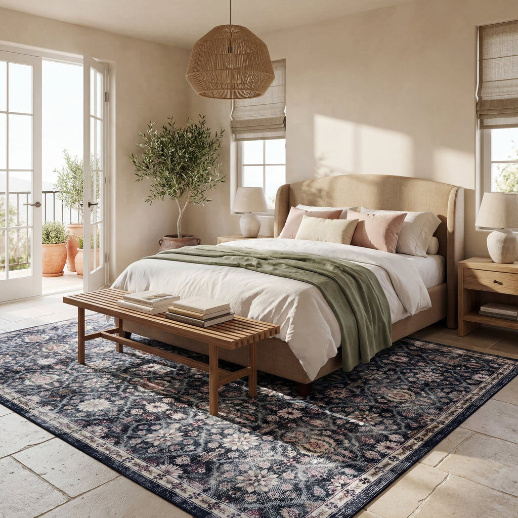 Calari Floral and Paisley Washable Rug | Navy