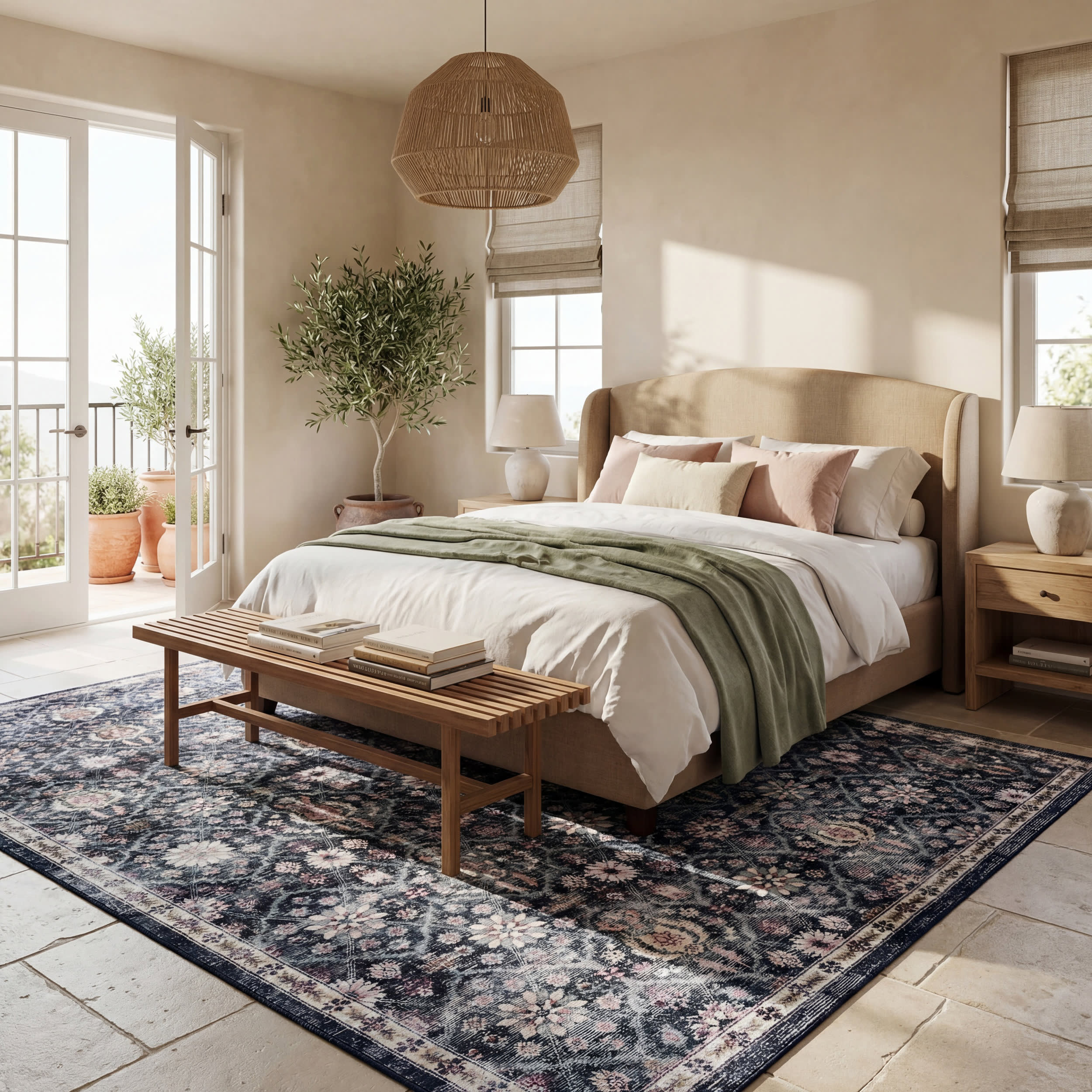 Calari Floral and Paisley Washable Rug | Navy