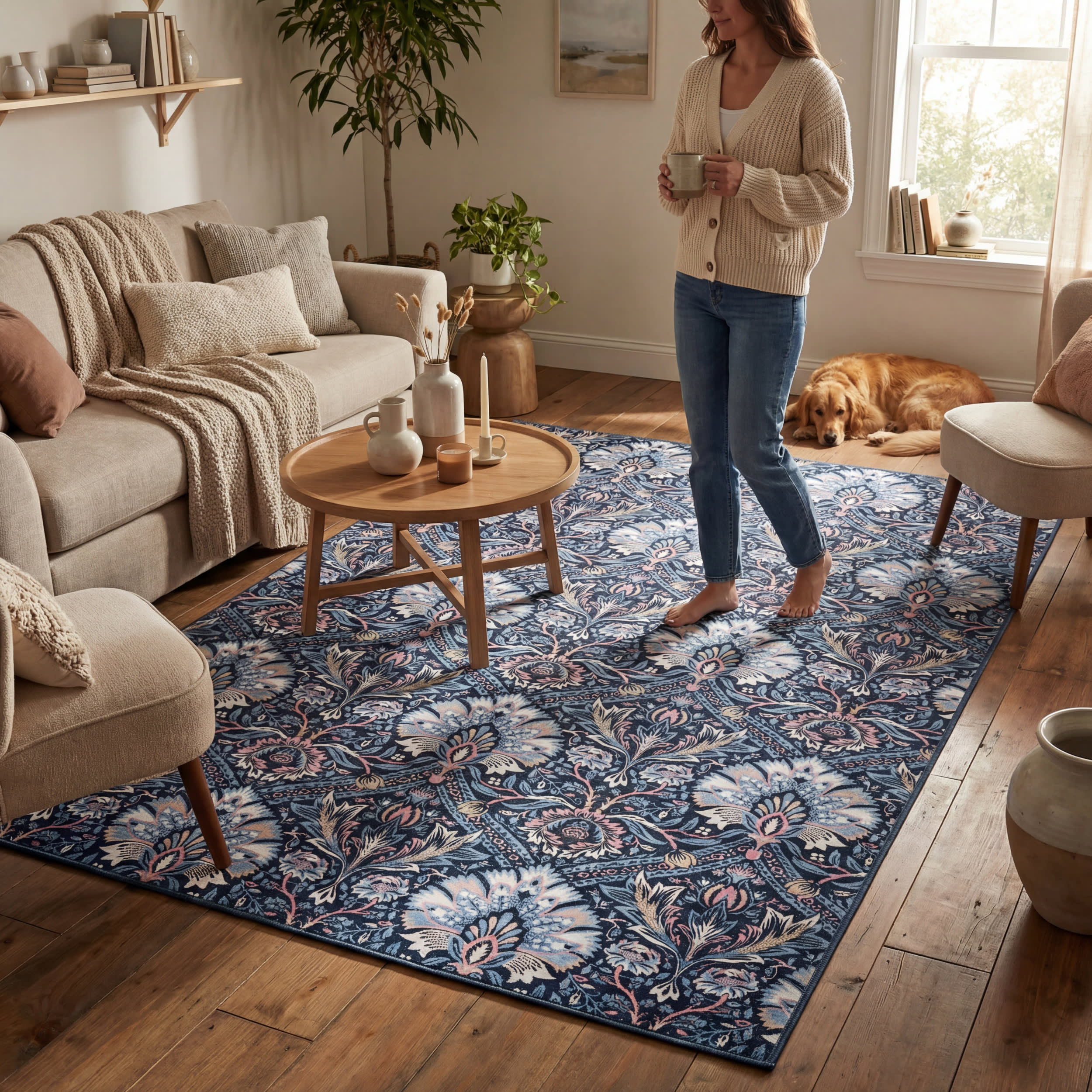 Sati Floral and Paisley Washable Rug | Dark Blue