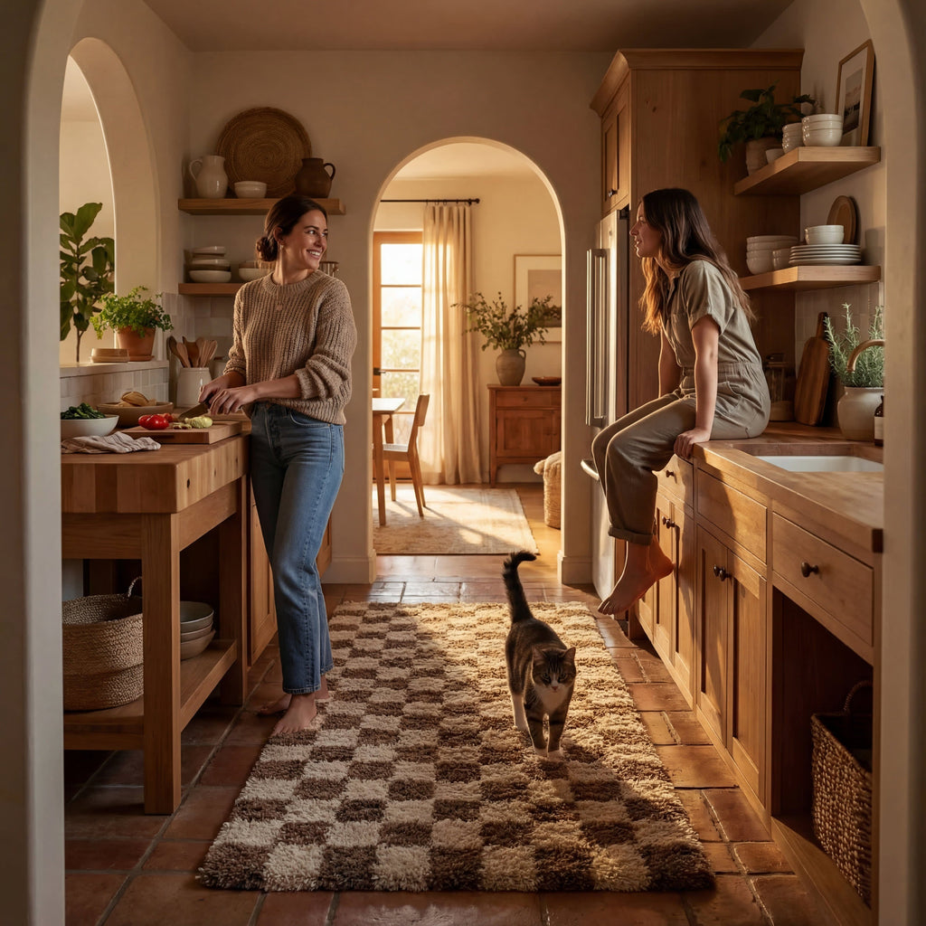 Bettie Retro Checkered Shag Rug | Beige