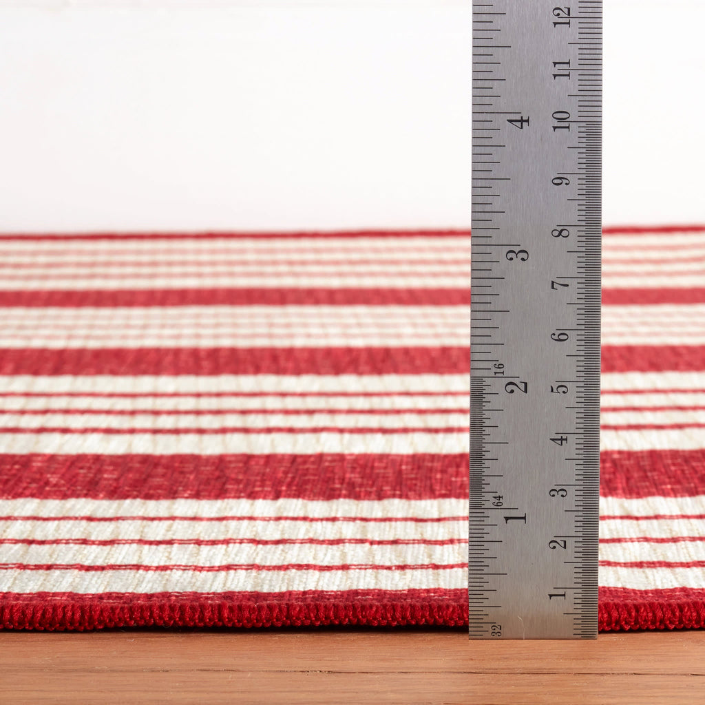 Abby Ticking Machine Washable Rug | Red