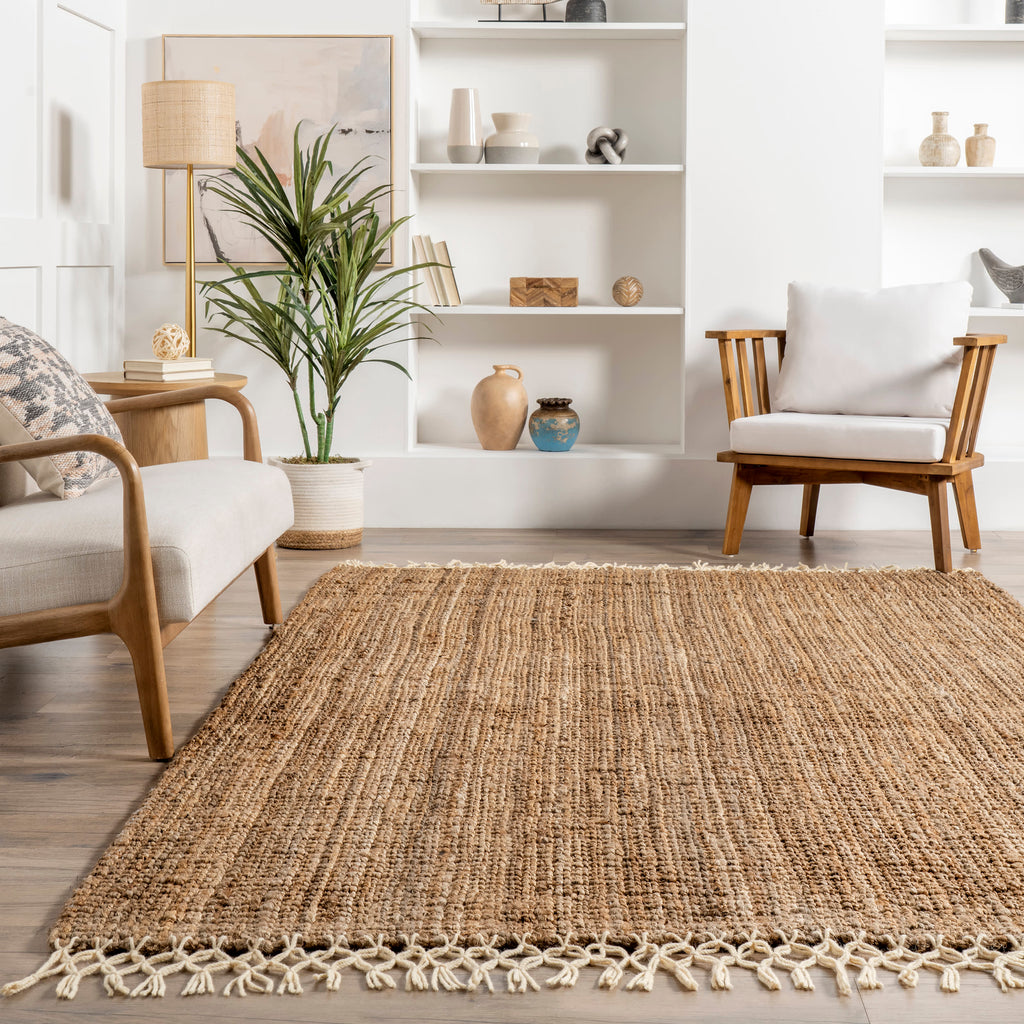 Hand Woven Jute with Wool Fringe Rug | Natural