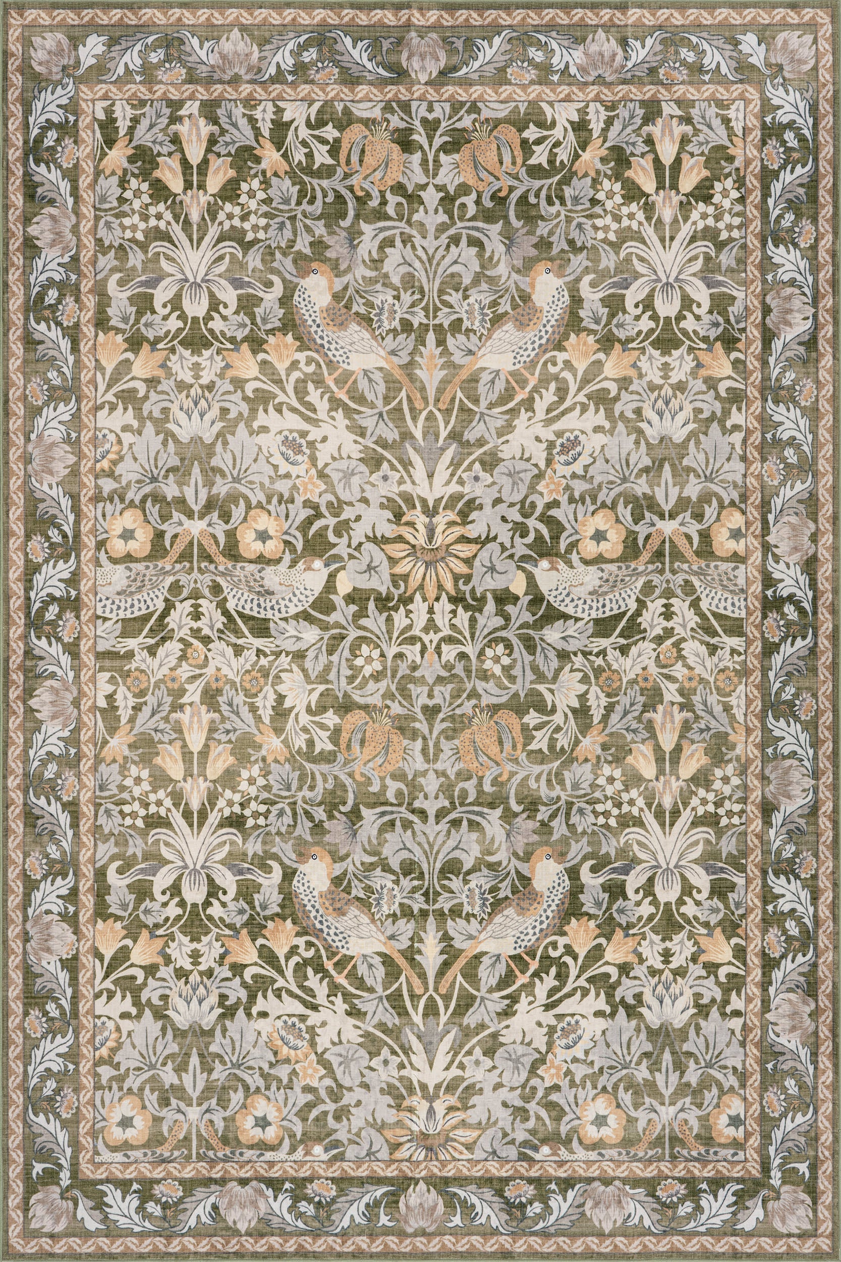Mauri Bordered Floral and Paisley Washable Rug | Green Secondary image