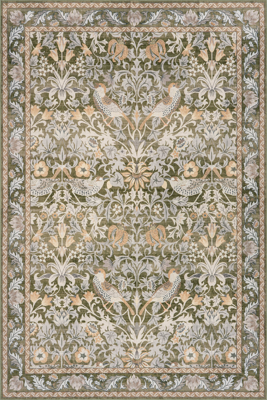 Mauri Bordered Floral and Paisley Washable Rug | Green