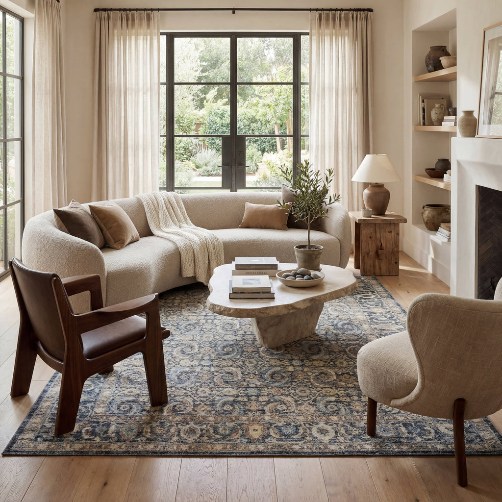 Calvaya Traditional Bordered Washable Rug | Blue