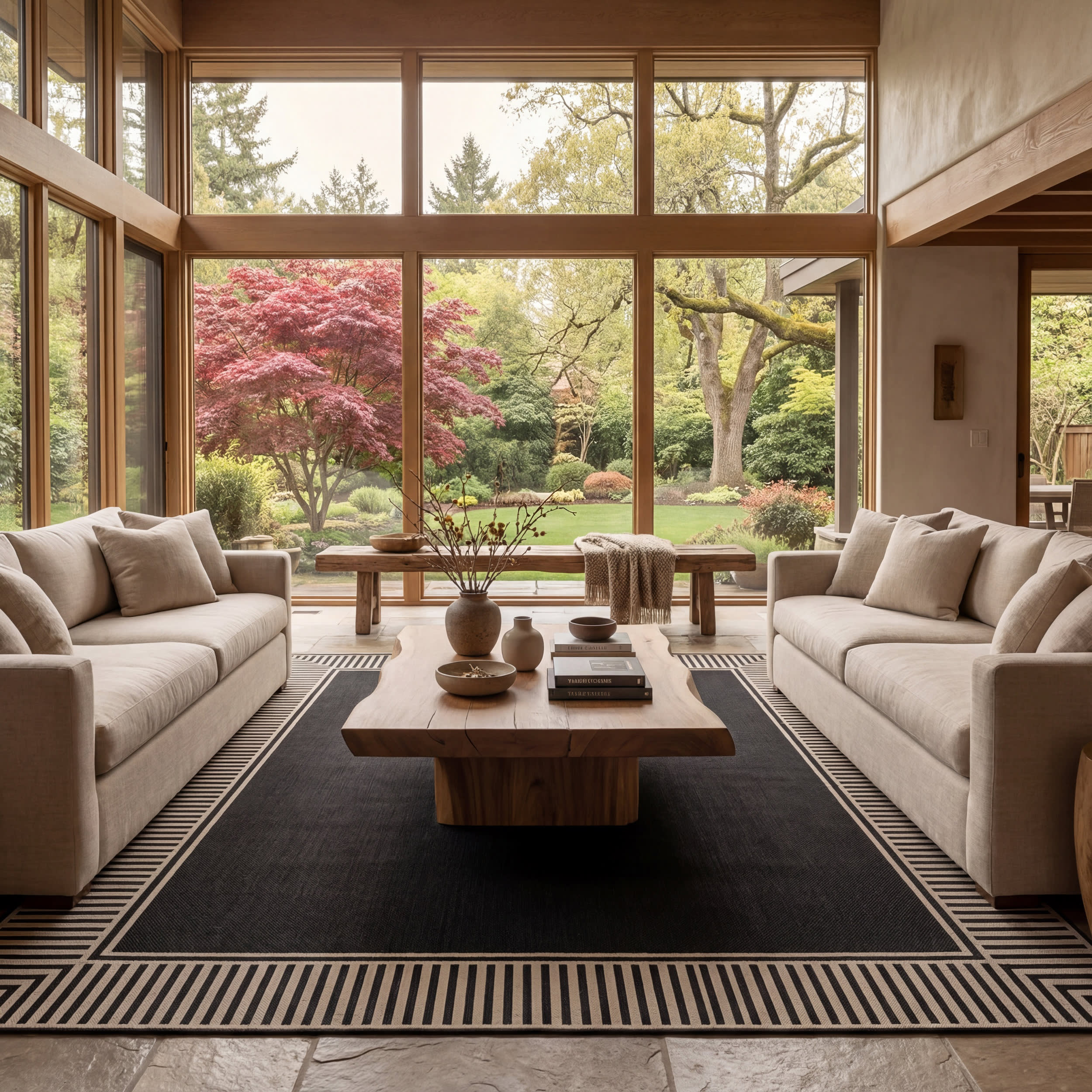 Striped Border Indoor/Outdoor Flatweave Rug | Black Secondary image