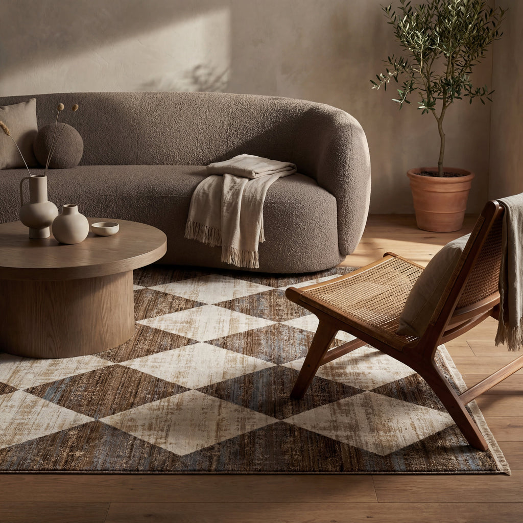 Vanni Checkered Fringed Rug | Beige