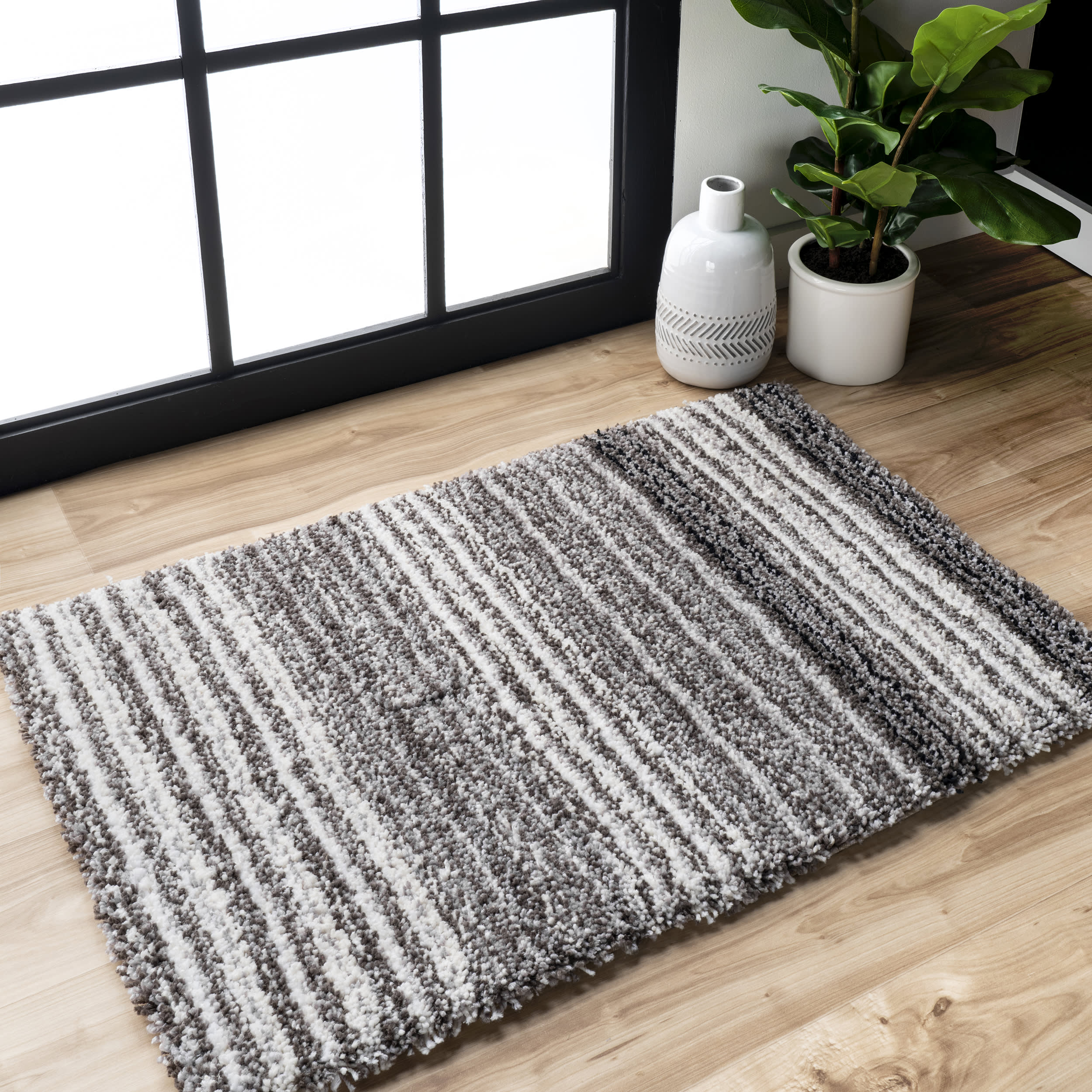 Striped Shaggy Rug | Grey Multicolor