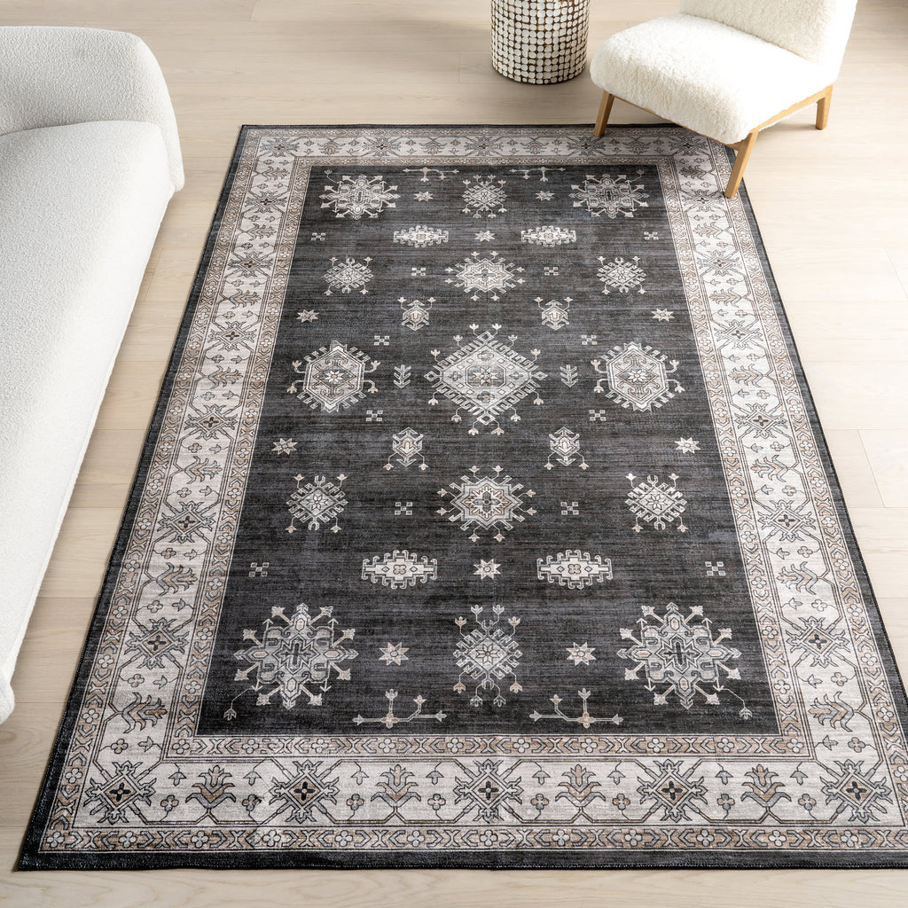 Andrea Bordered Washable Rug | Charcoal