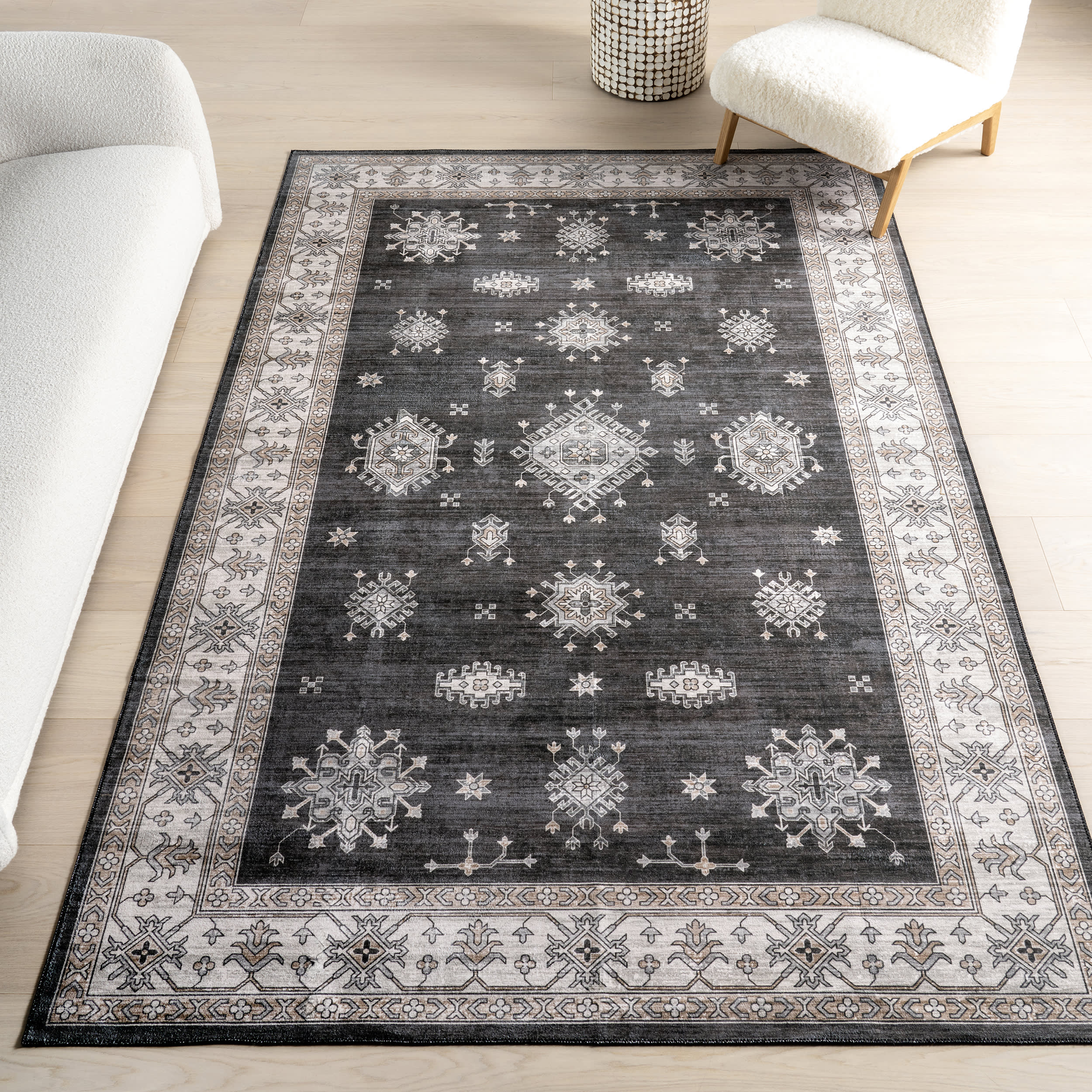 Andrea Bordered Washable Rug | Charcoal