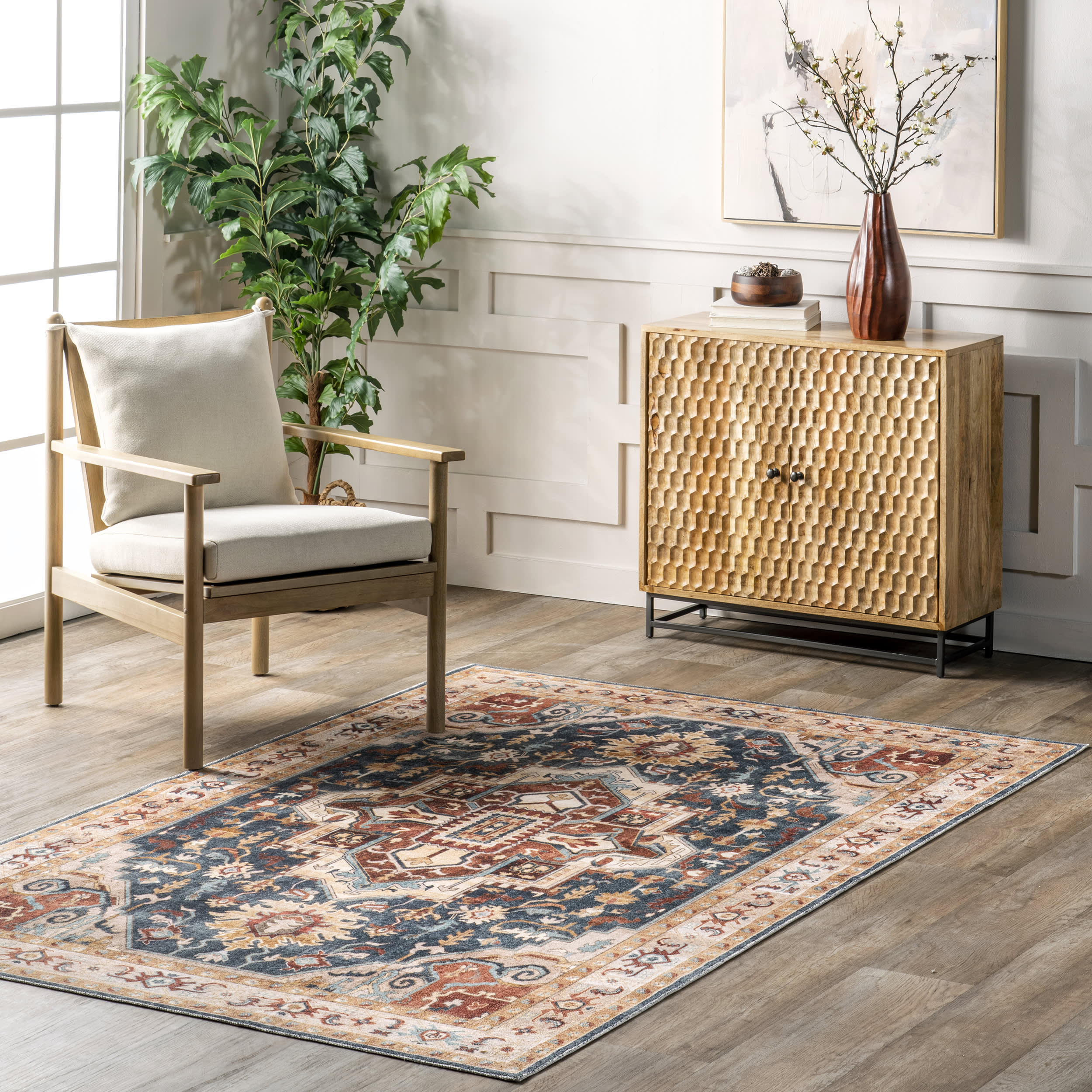 Jewel Medallion Washable Rug | Dark Blue