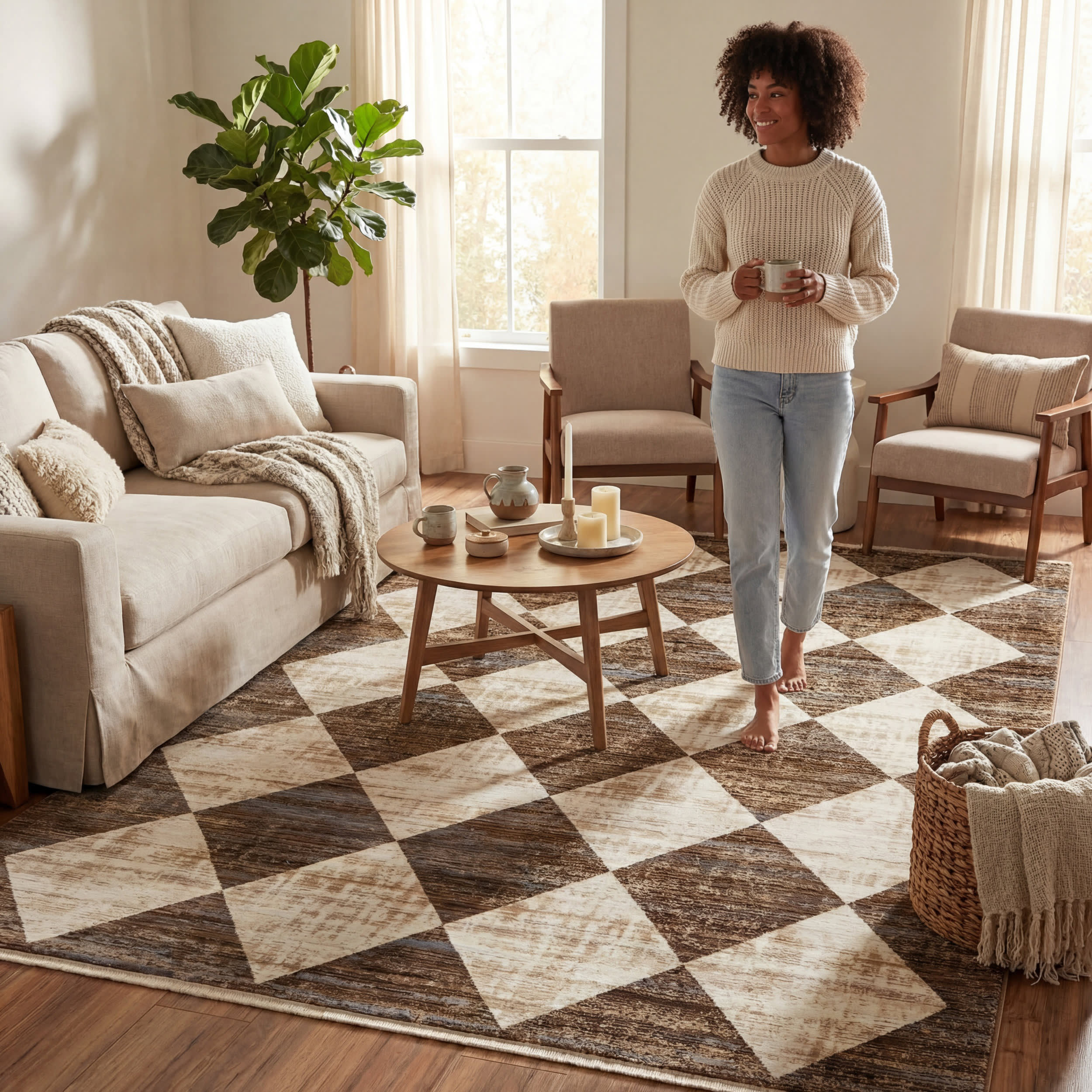 Vanni Checkered Fringed Rug | Beige
