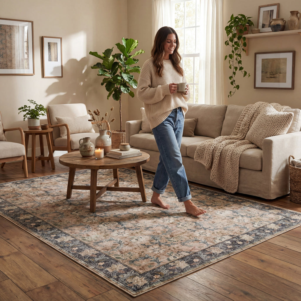 Sinikse Floral and Paisley Washable Rug | Beige