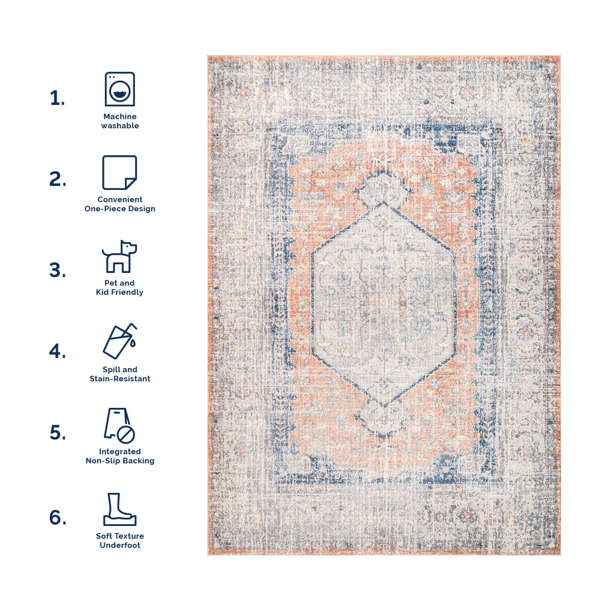 Vintage Medallion Washable Rug | Peach