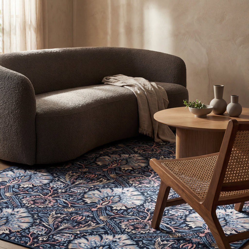 Sati Floral and Paisley Washable Rug | Dark Blue