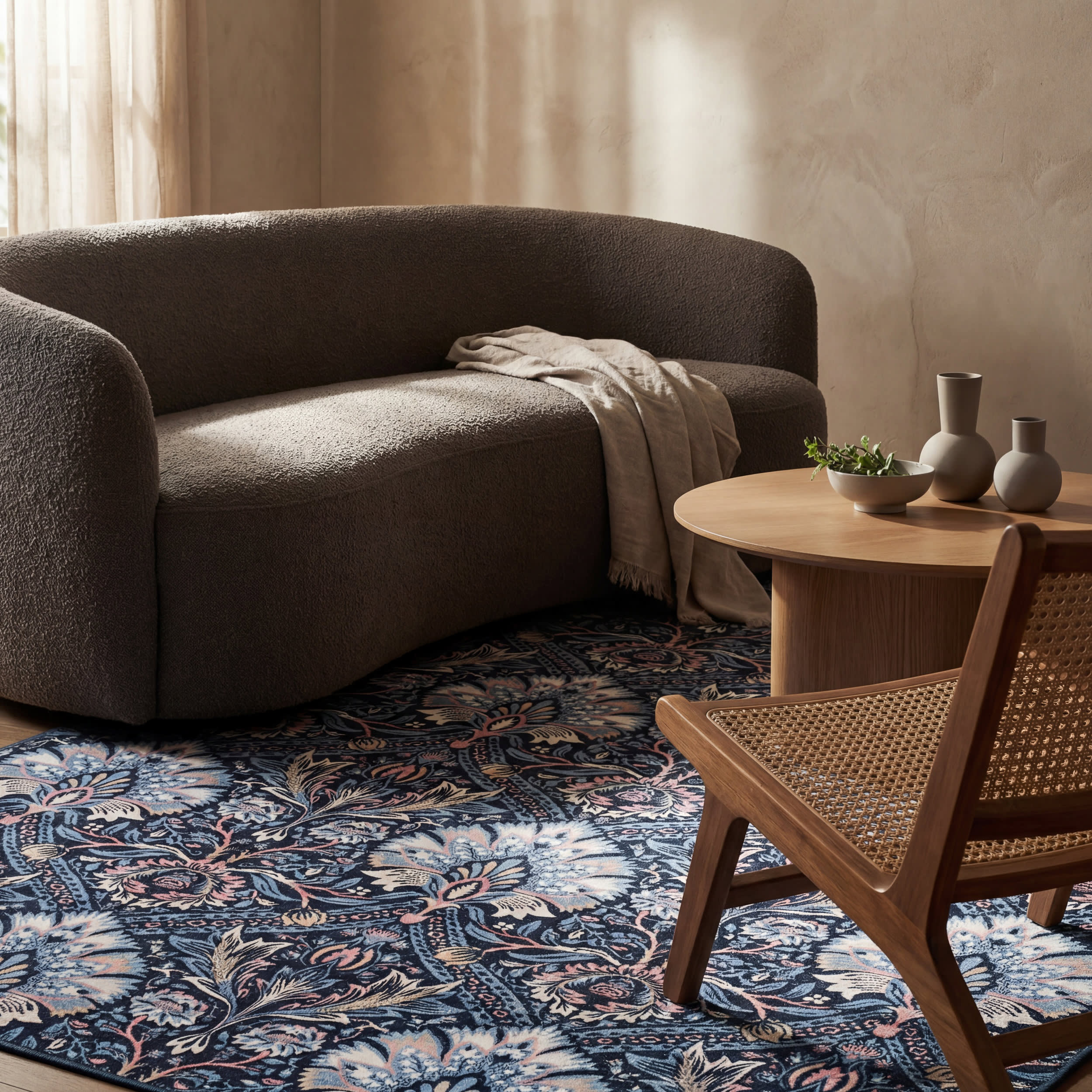 Sati Floral and Paisley Washable Rug | Dark Blue