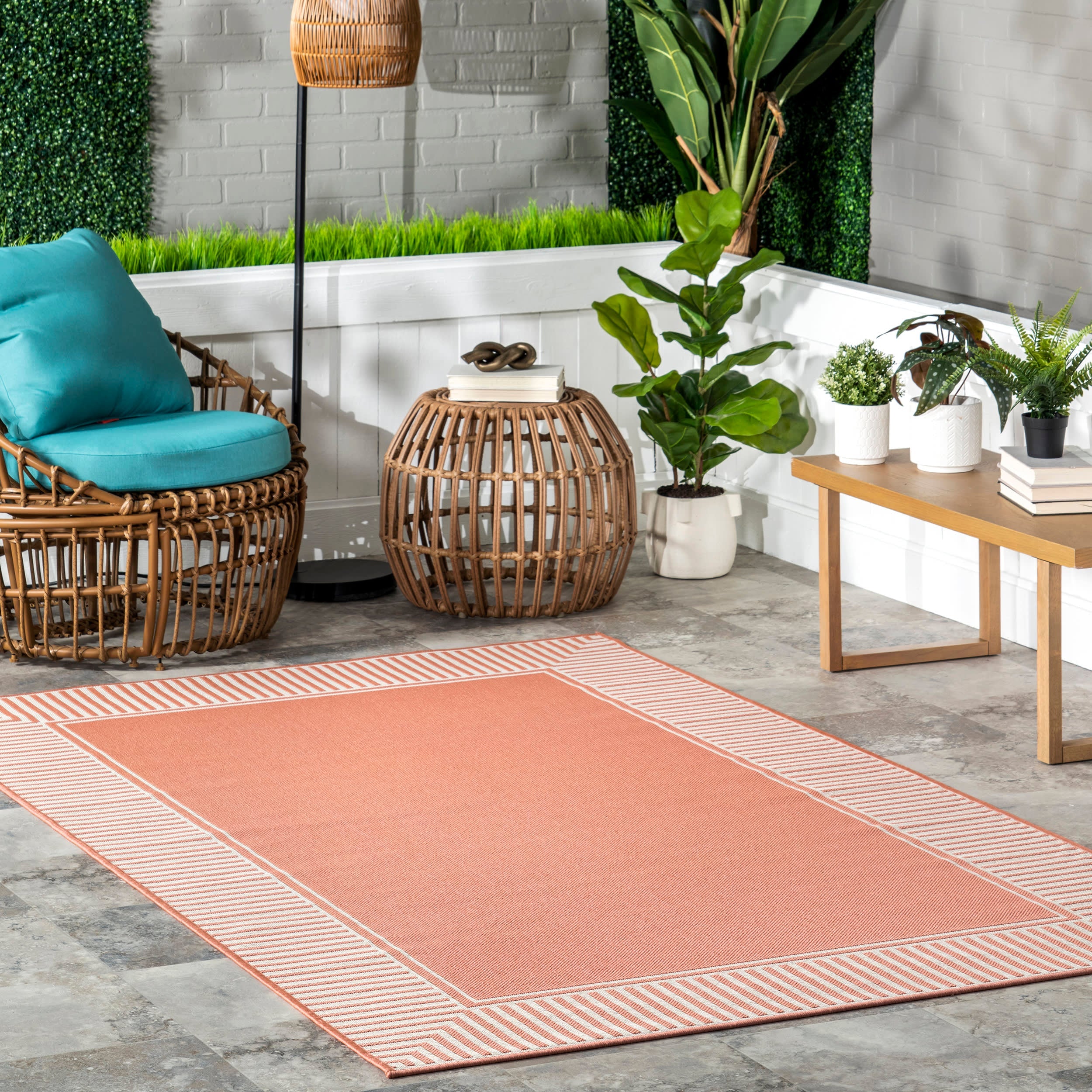 Striped Border Indoor/Outdoor Flatweave Rug | Coral Secondary image
