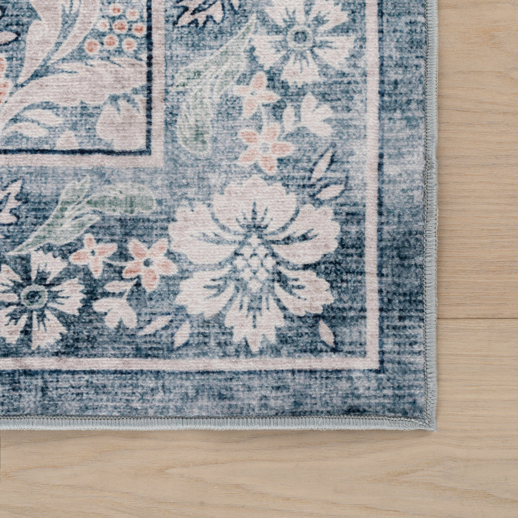 Kinice Traditional Floral Washable Rug | Dark Blue