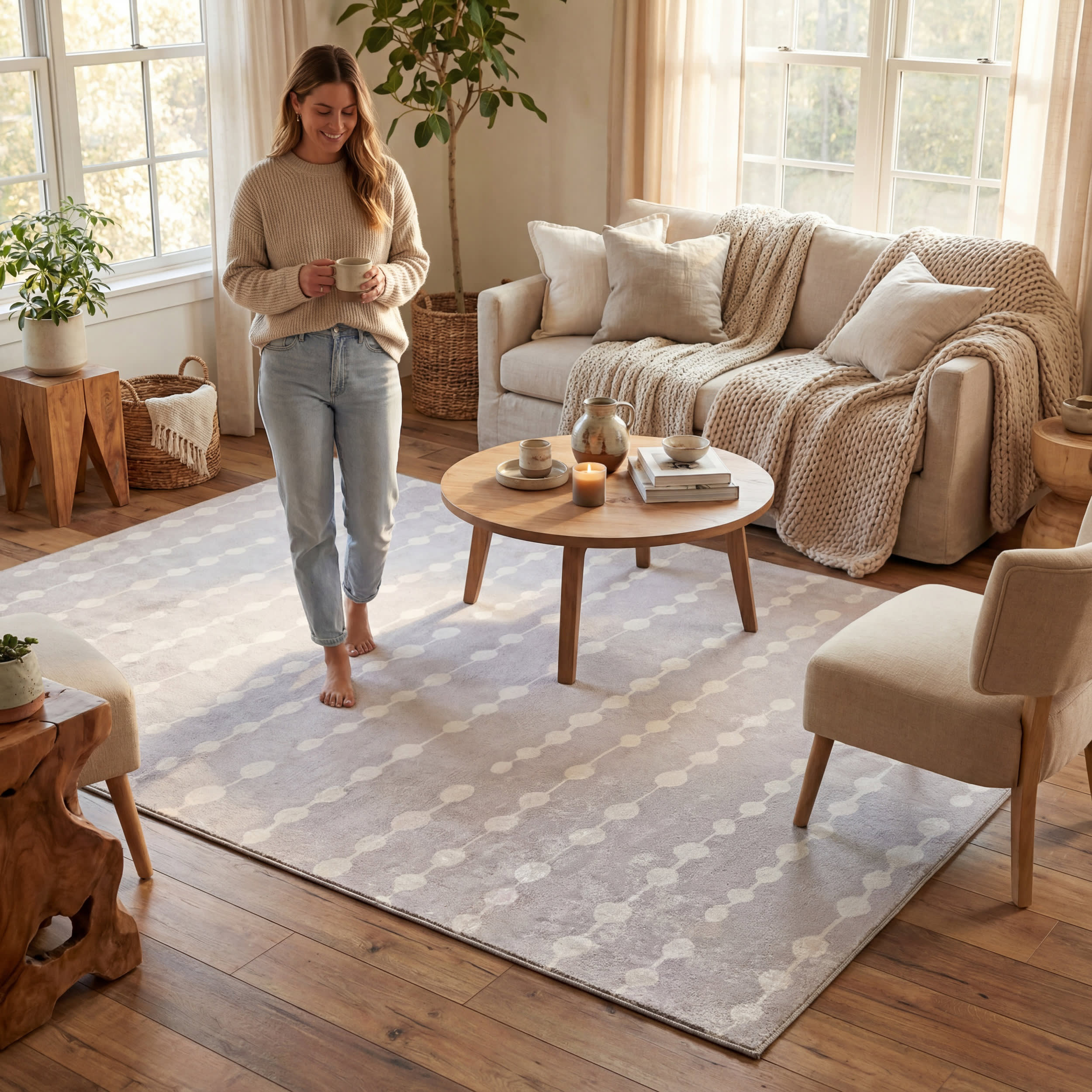 Valti Bohemian Polka Dot Washable Rug | Grey