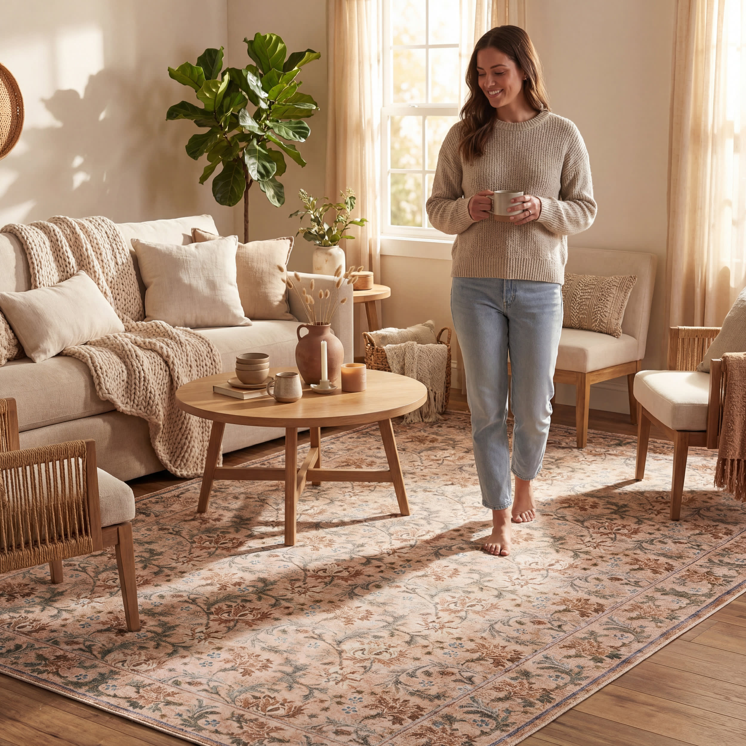Sinikse Floral and Paisley Washable Rug | Peach