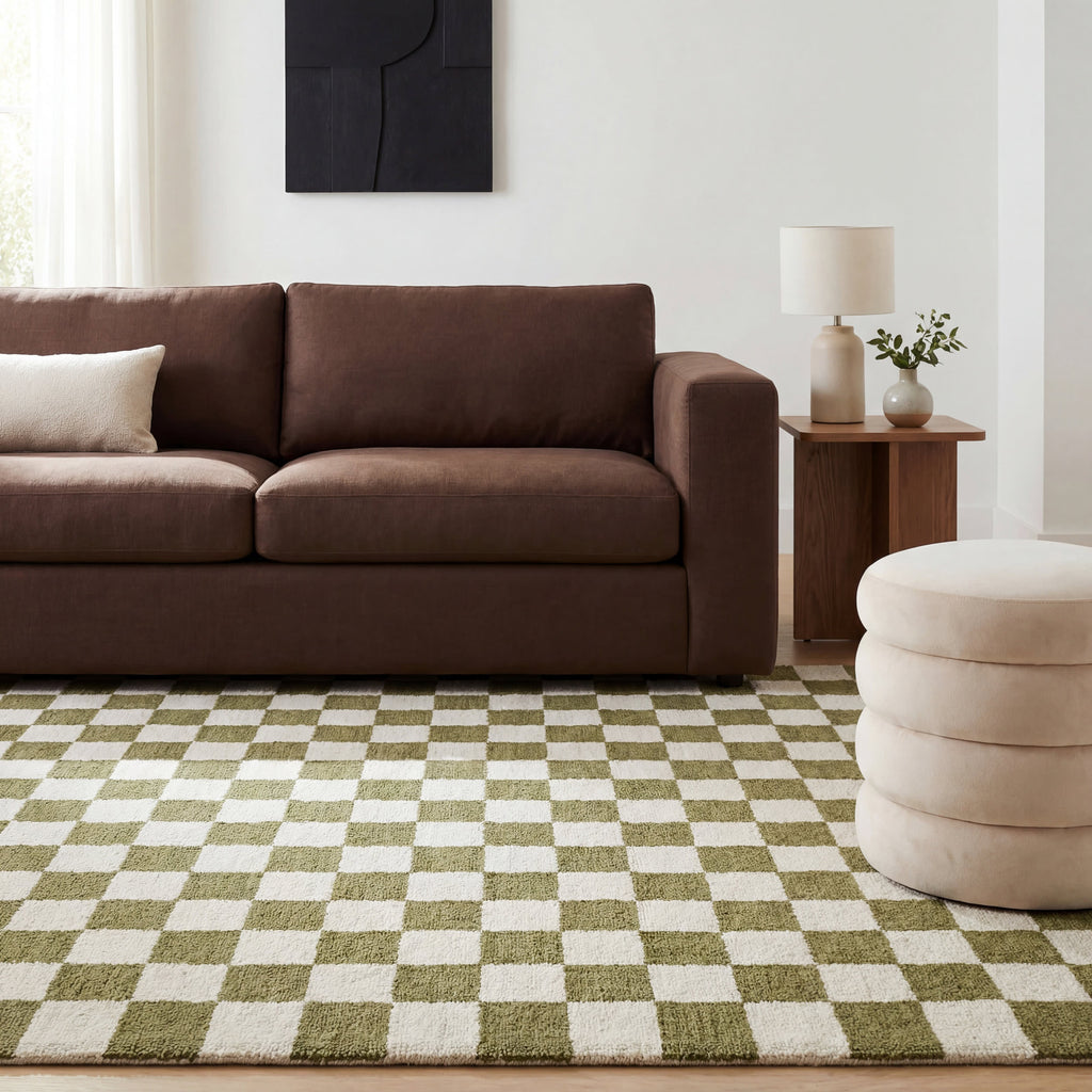 Calina Modern Checkered Indoor Wool Rug | Green
