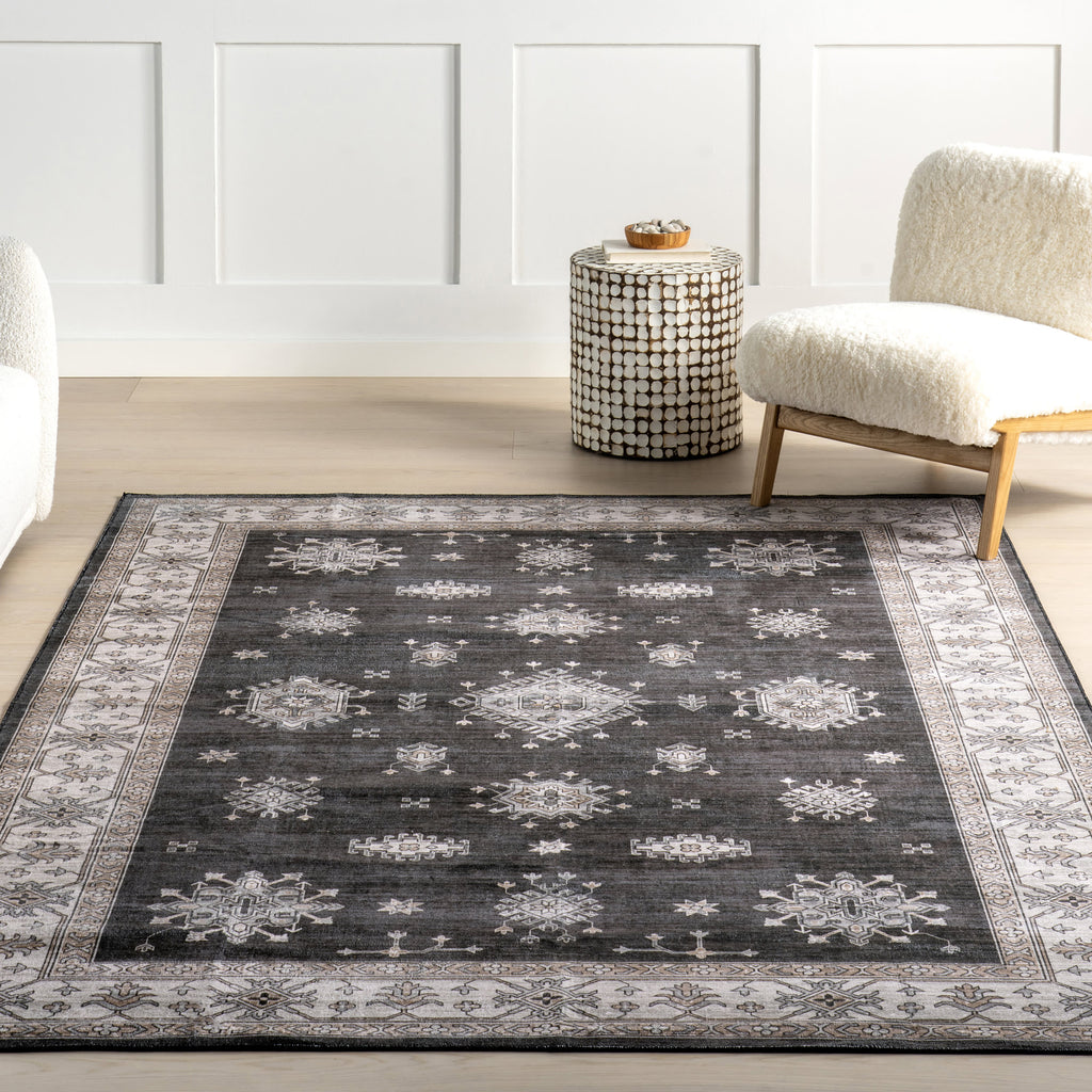Andrea Bordered Washable Rug | Charcoal