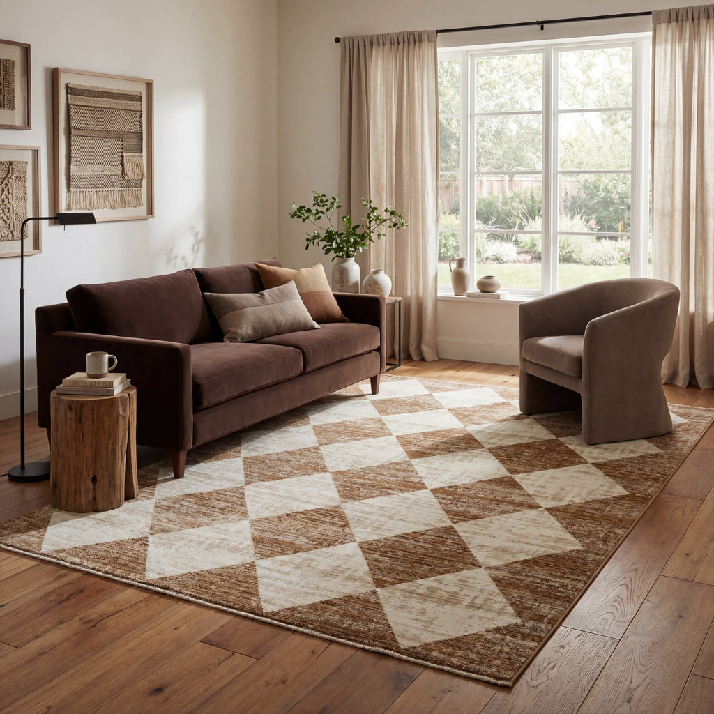 Vanni Checkered Fringed Rug | Tan