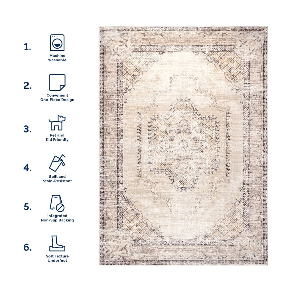Burr Medallion Washable Rug | Cream