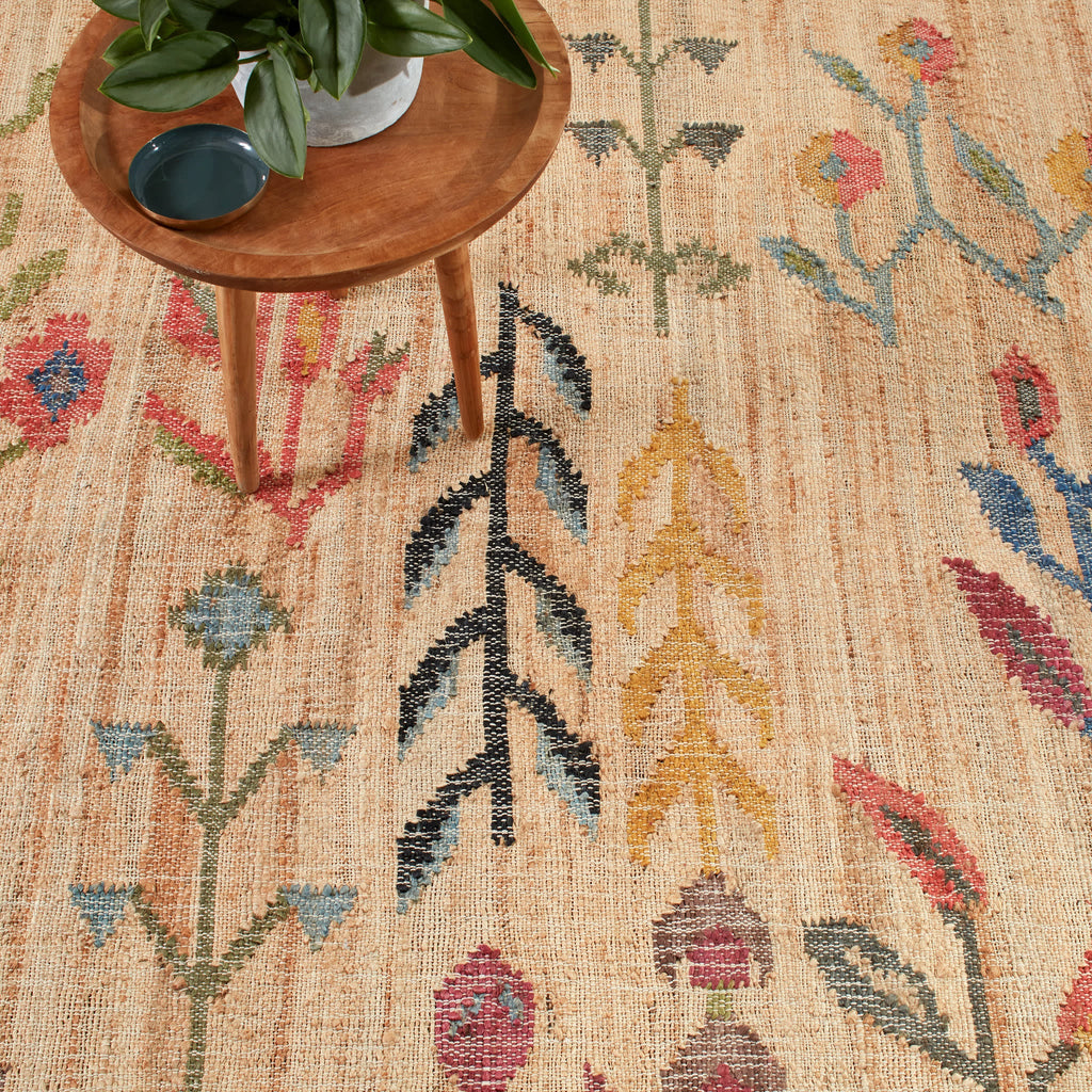Folk Floral Kilim Handwoven Jute Rug | Natural