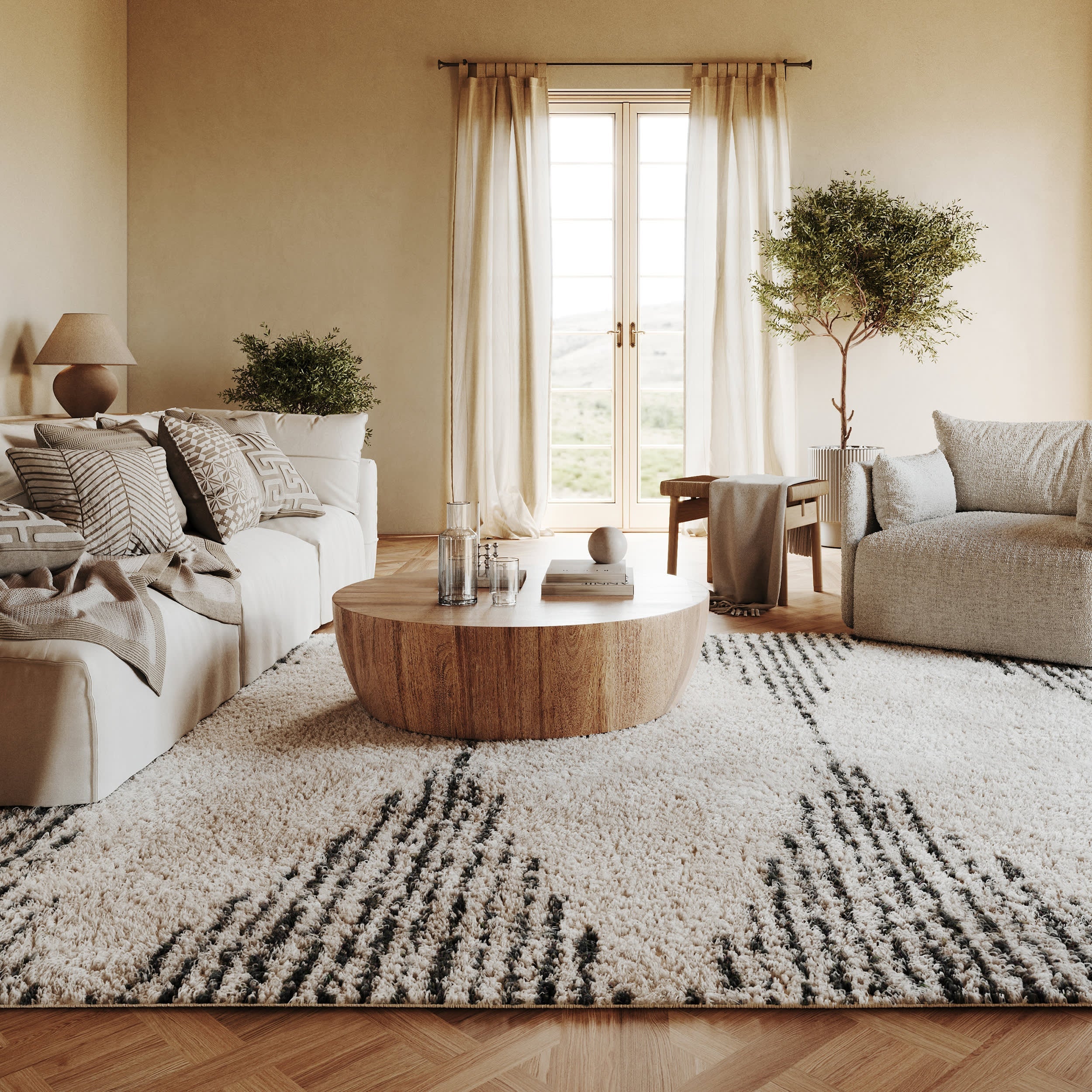 Moroccan Diamond Pinstripes Tassel Rug | Off White